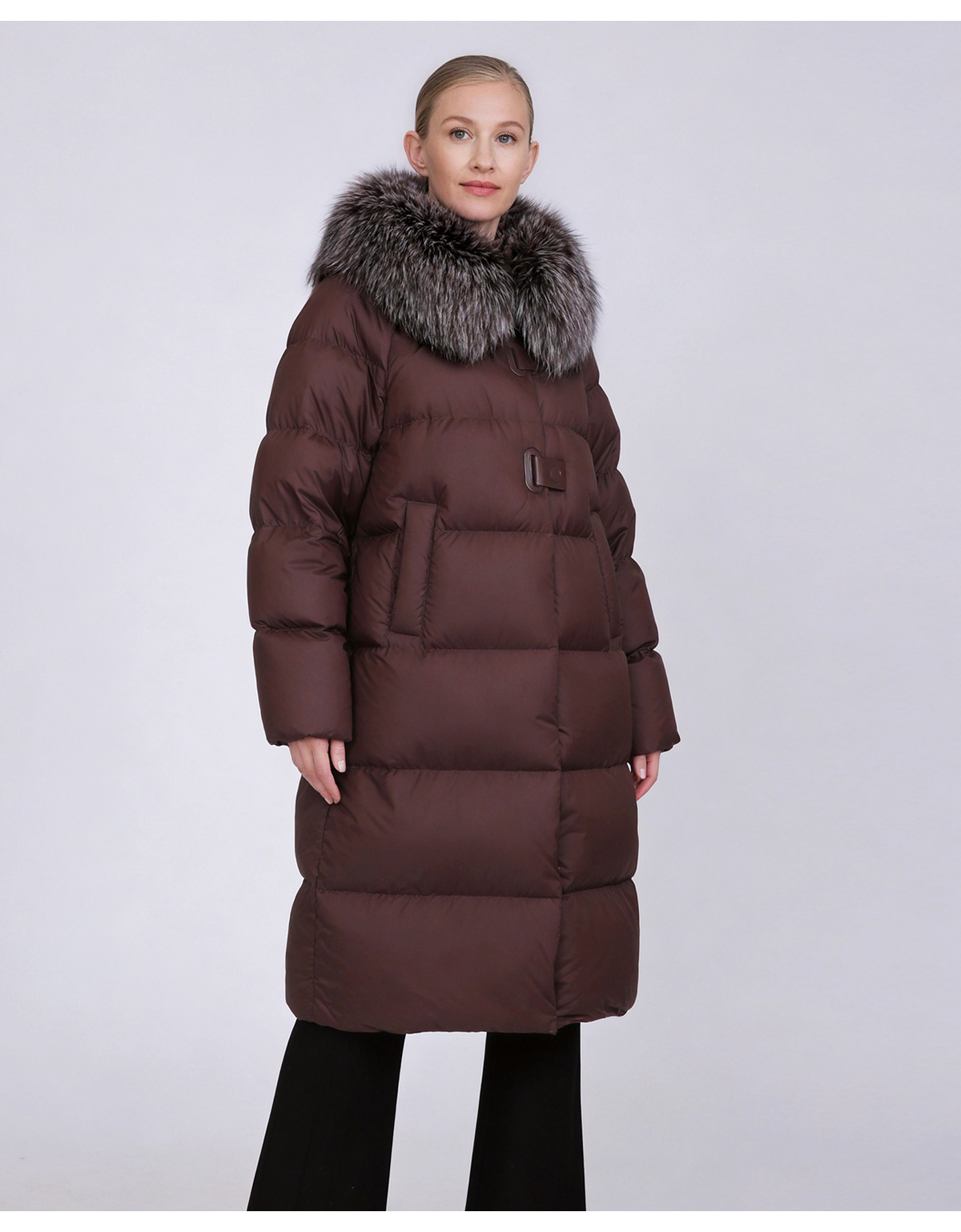 Women's Long Straight Down Coat with Removable Fur Collar