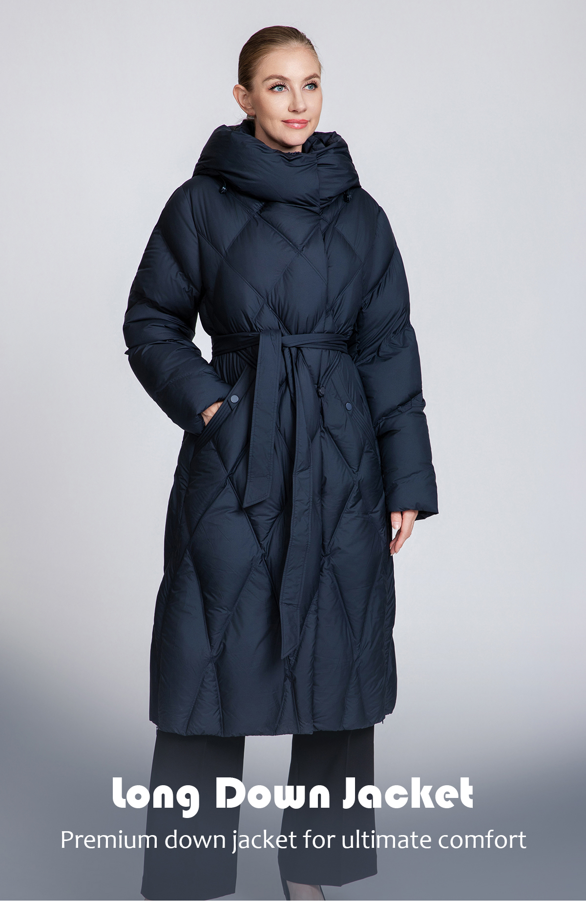 Women's Quilted Long Down Coat with Belt