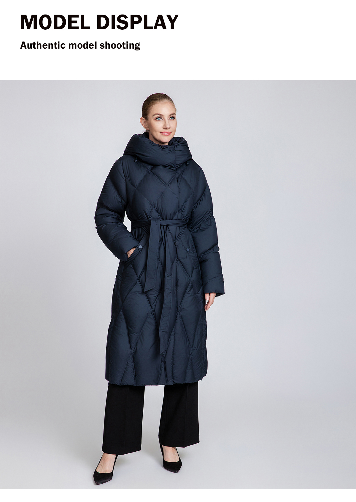 Women's Quilted Long Down Coat with Belt