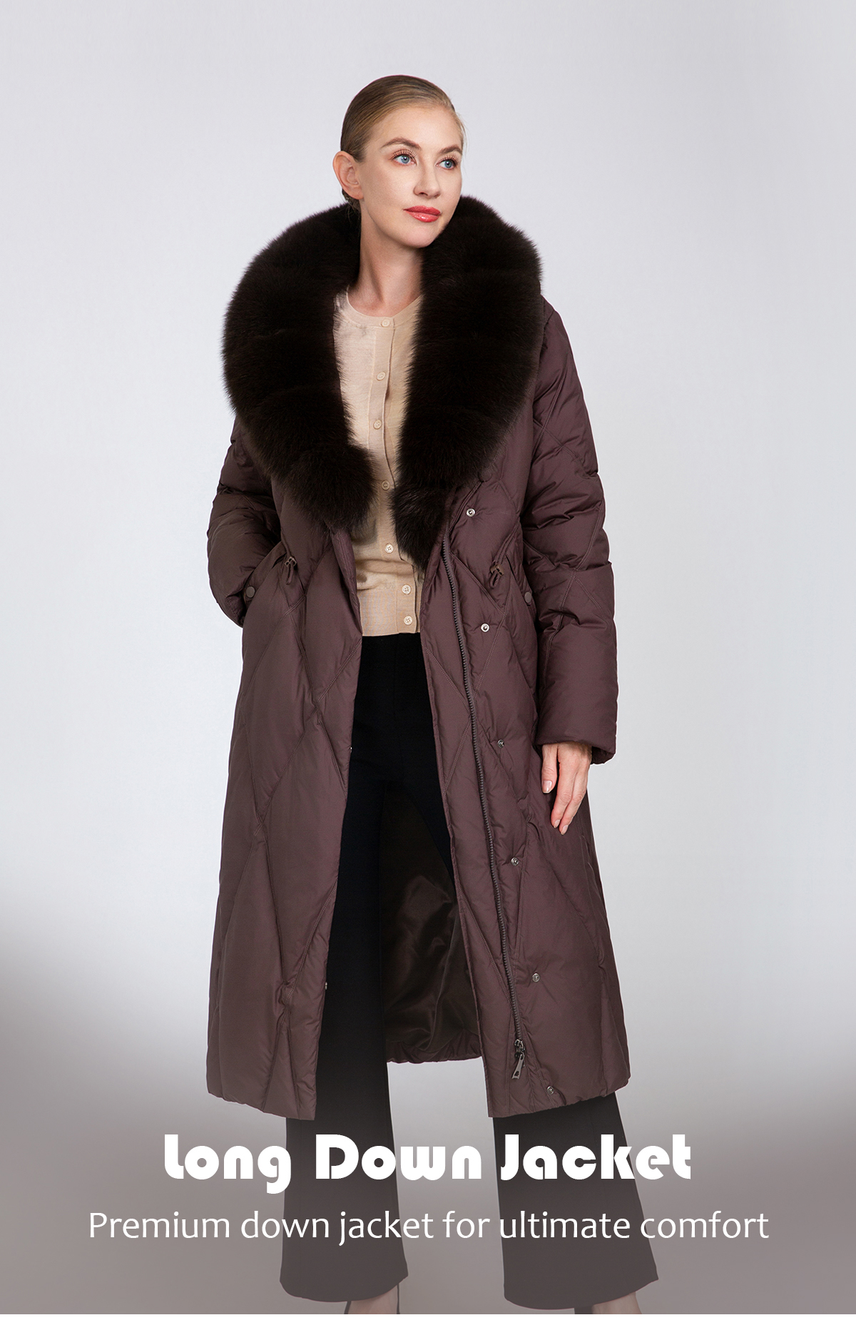 Women's Long Quilted Down Coat with Fur Collar