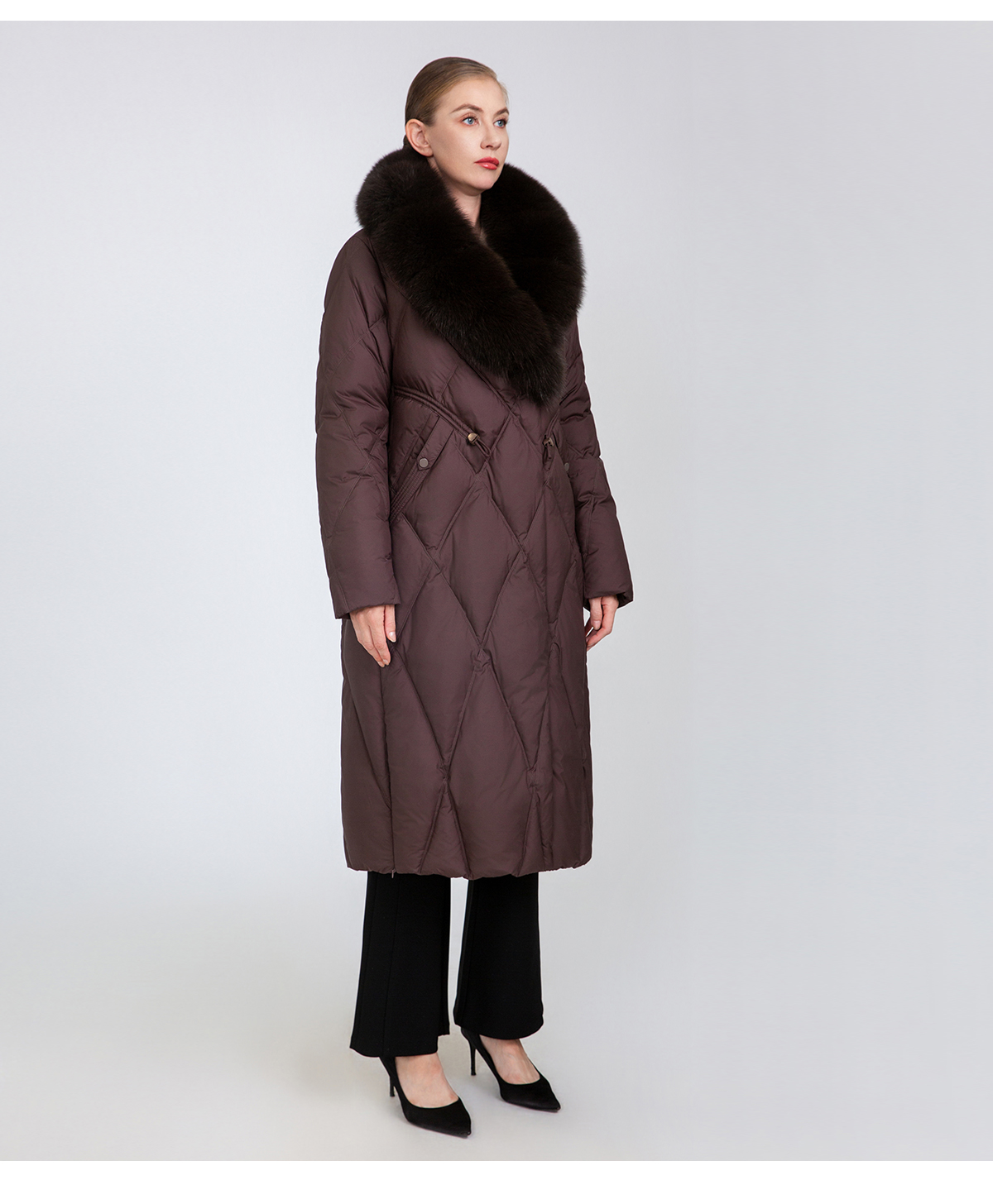 Women's Long Quilted Down Coat with Fur Collar