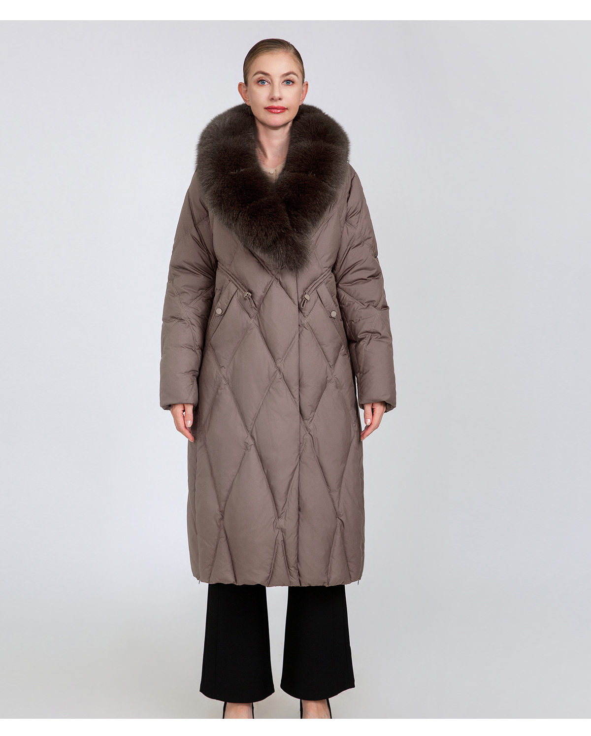 Women's Long Quilted Down Coat with Fur Collar