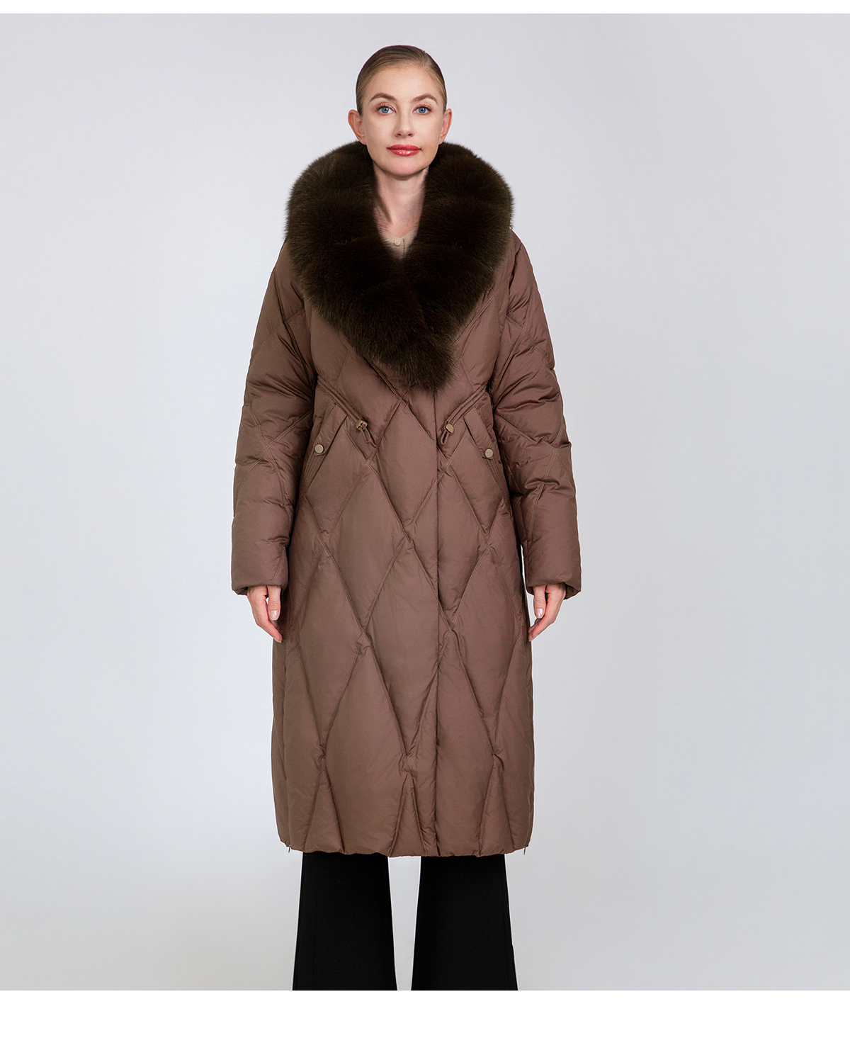 Women's Long Quilted Down Coat with Fur Collar