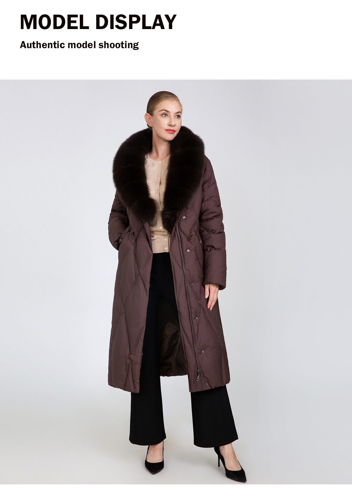 Women's Long Quilted Down Coat with Fur Collar
