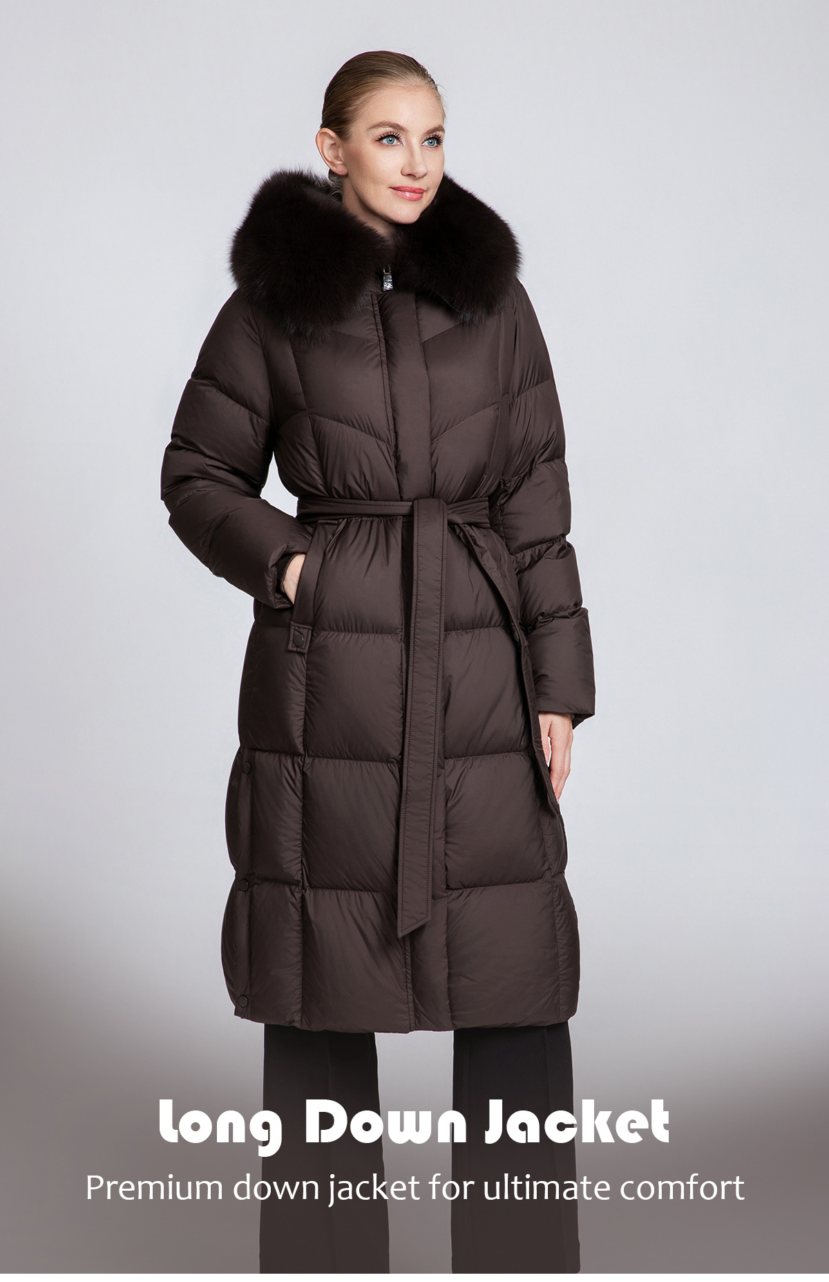 Women's Long Down Coat with Removable Fur Collar
