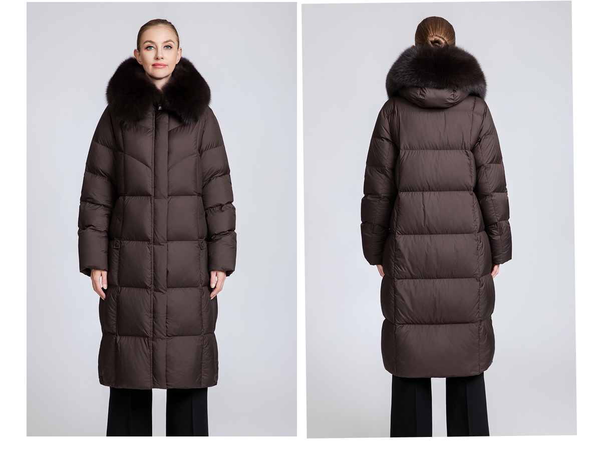Women's Long Down Coat with Removable Fur Collar