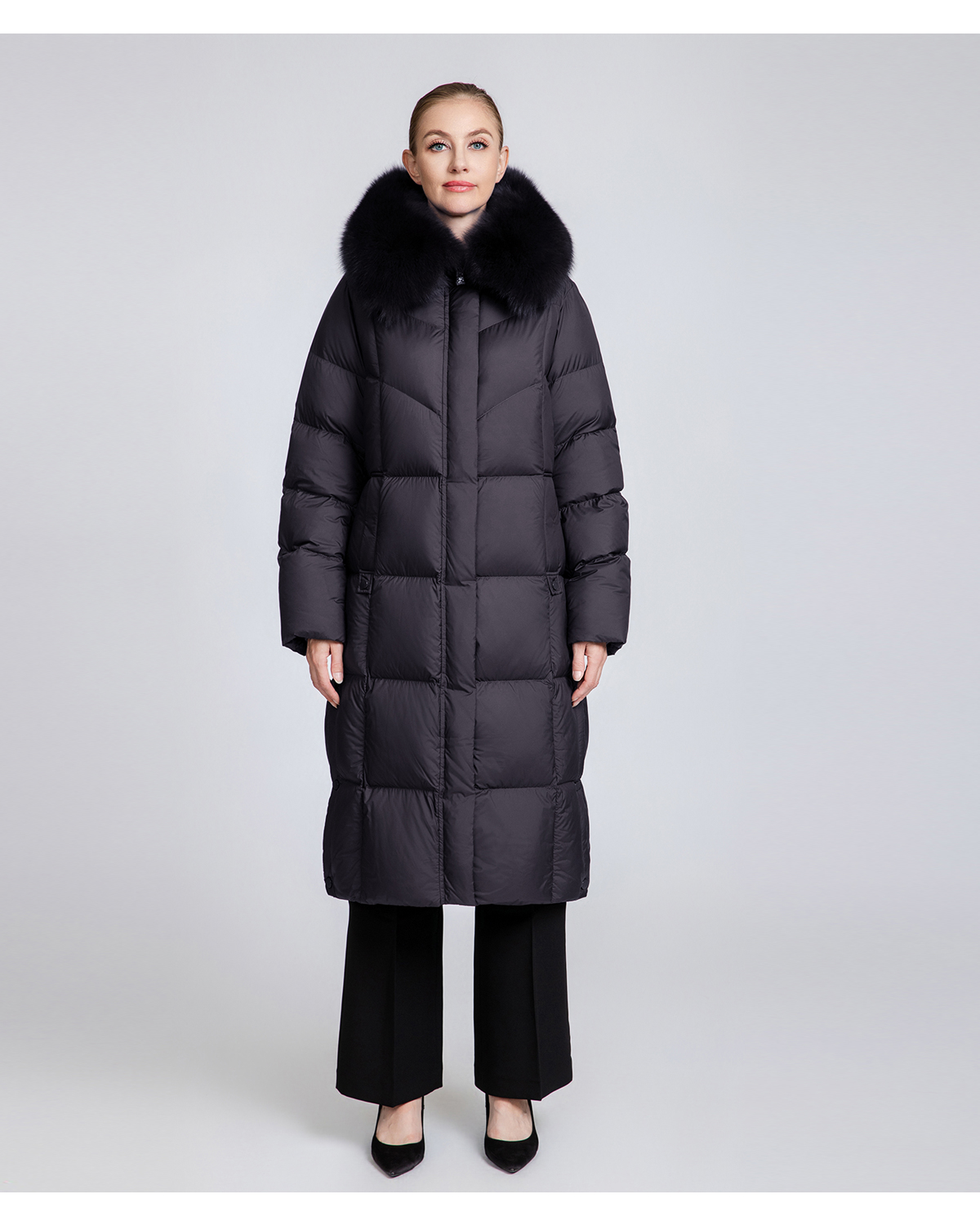 Women's Long Down Coat with Removable Fur Collar