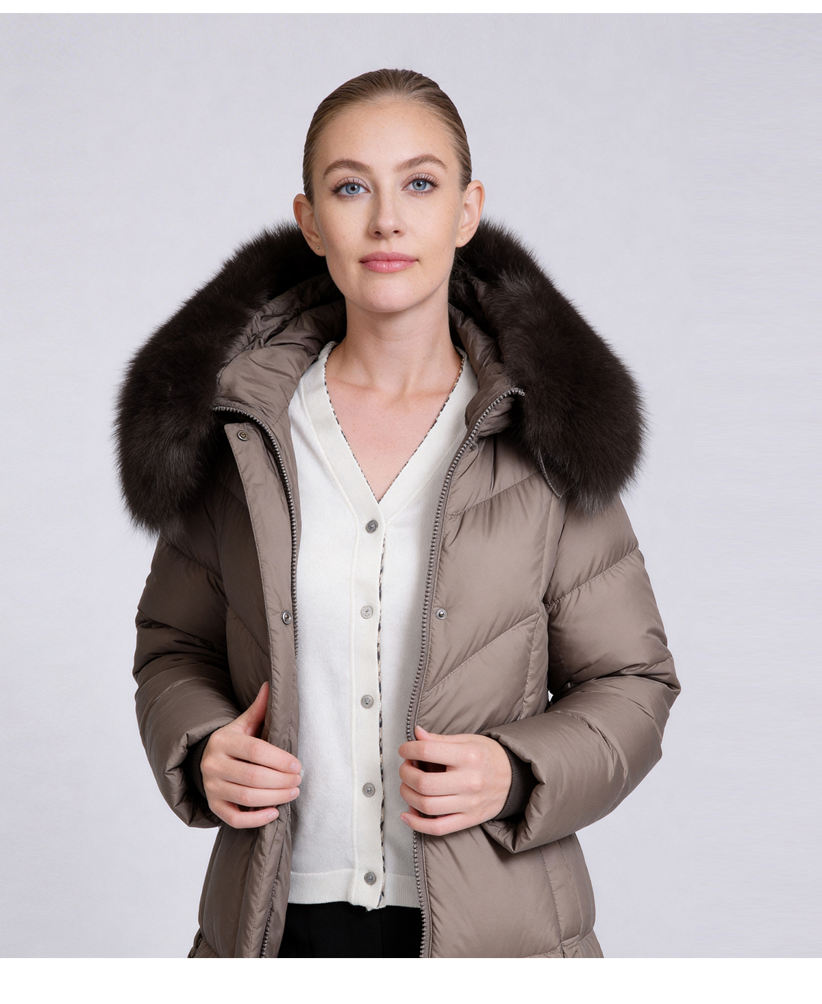 Women's Long Down Coat with Removable Fur Collar