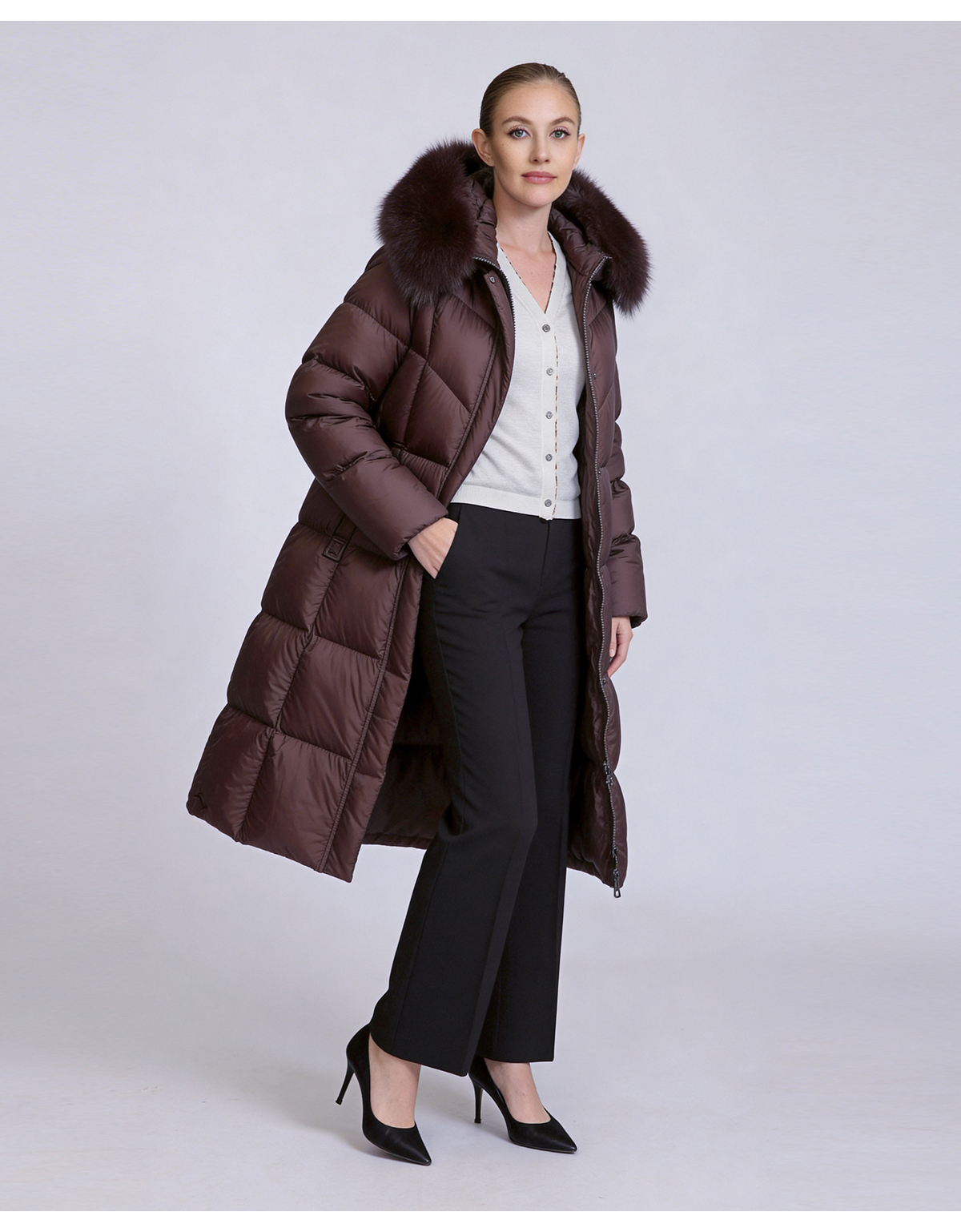 Women's Long Down Coat with Removable Fur Collar