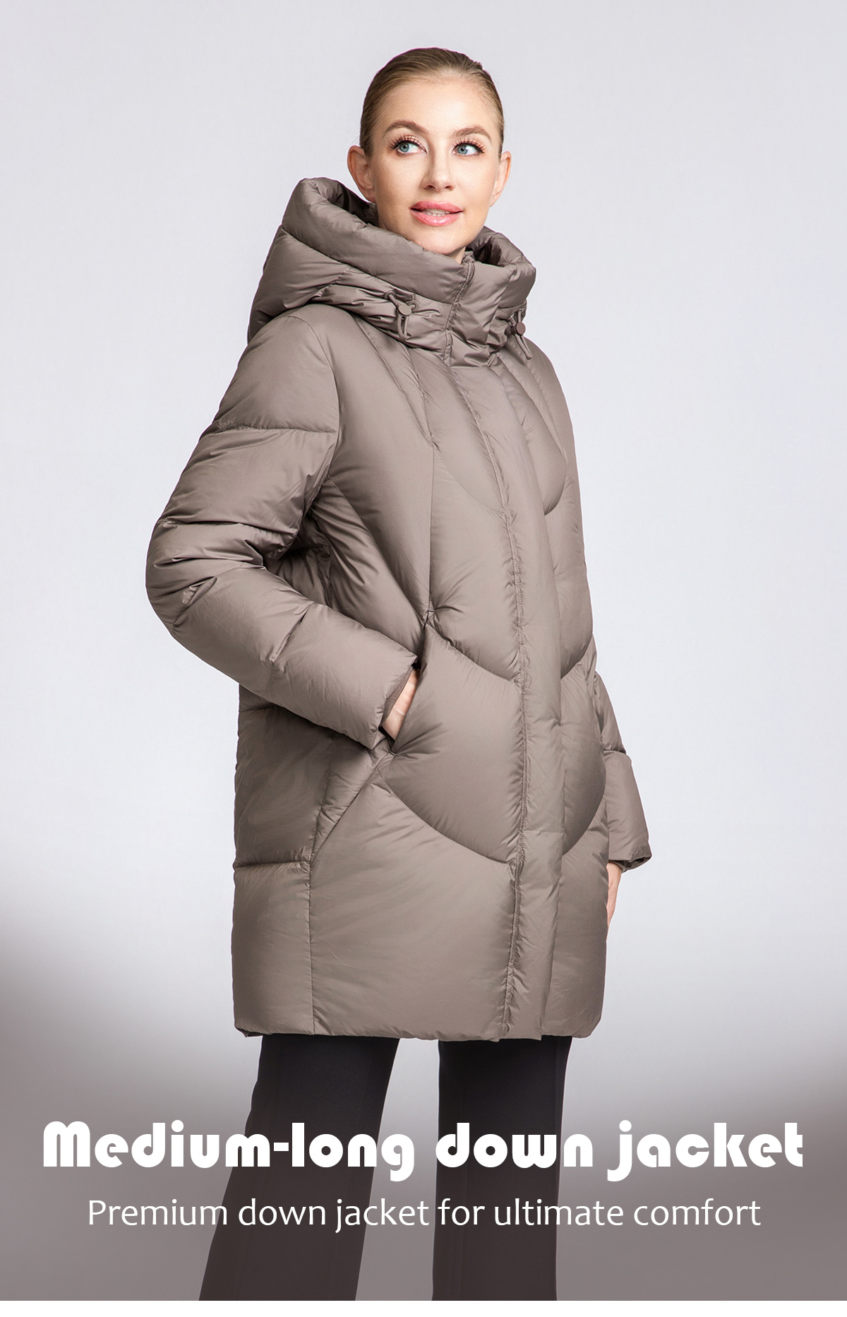 Women's Curved-Quilted Mid-Length Down Hooded Coat