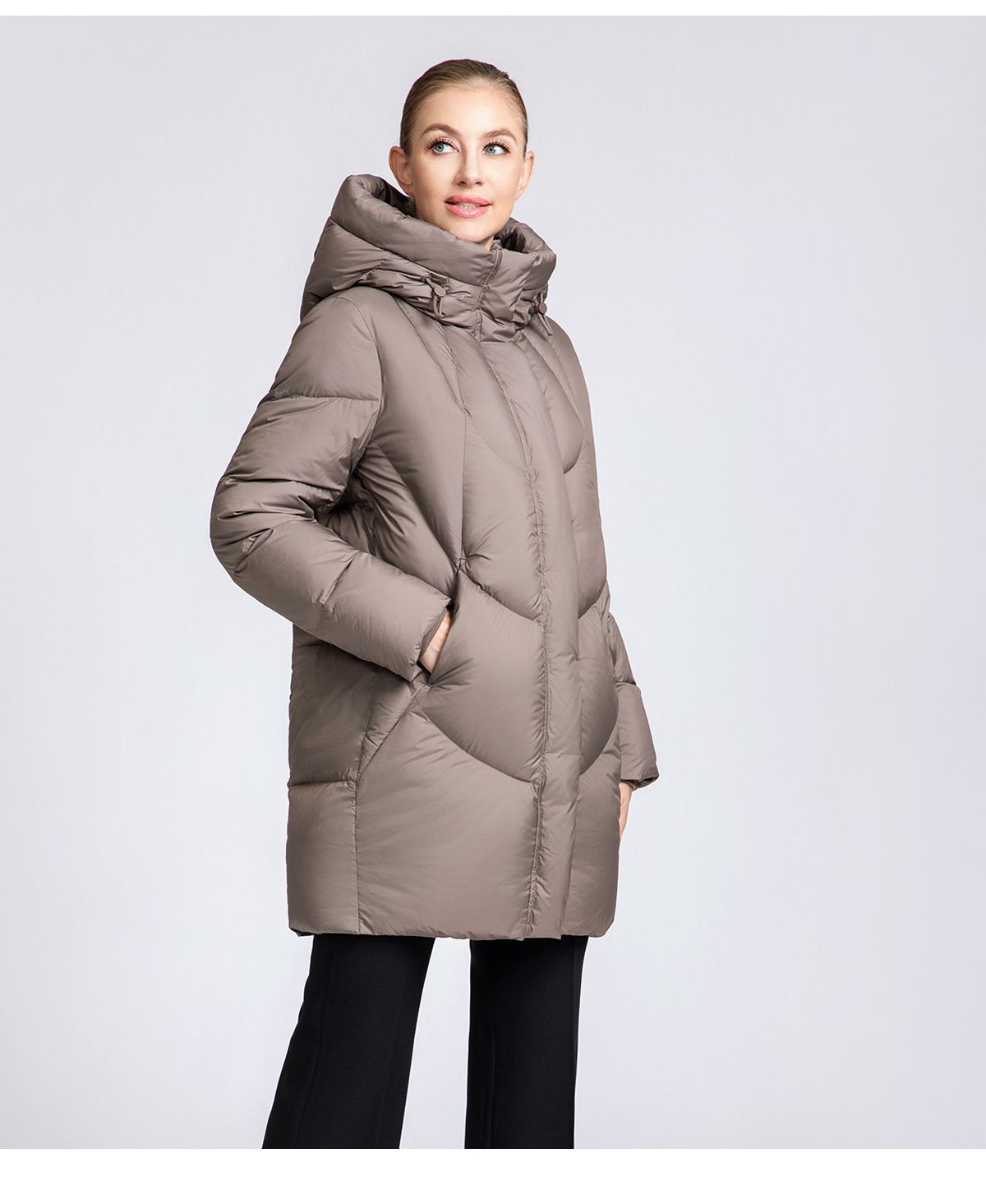 Women's Curved-Quilted Mid-Length Down Hooded Coat