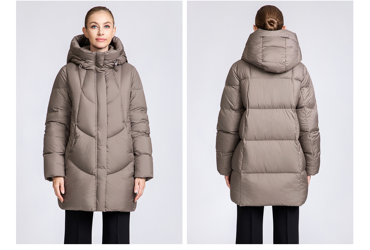 Women's Curved-Quilted Mid-Length Down Hooded Coat