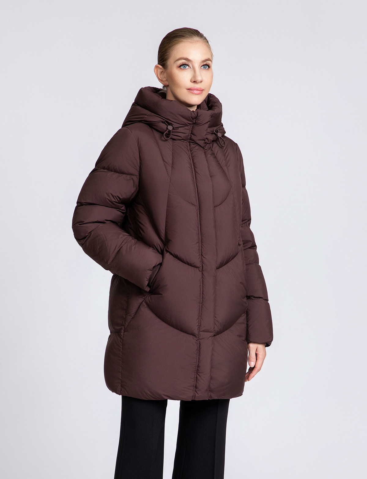 Women's Curved-Quilted Mid-Length Down Hooded Coat