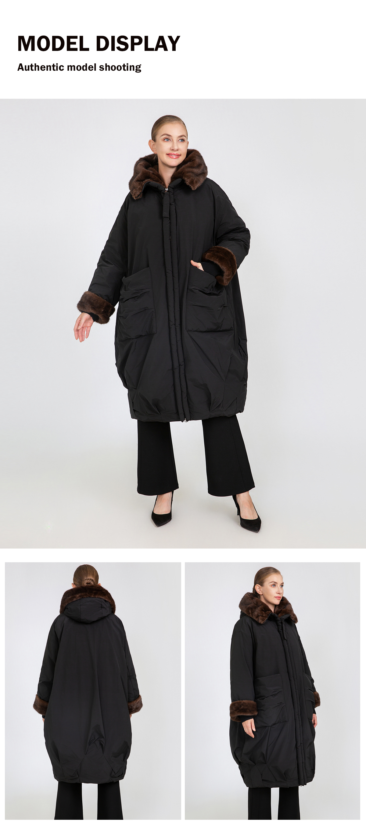 Women's Oversized Long Padded Coat with Faux Mink Fur Trim