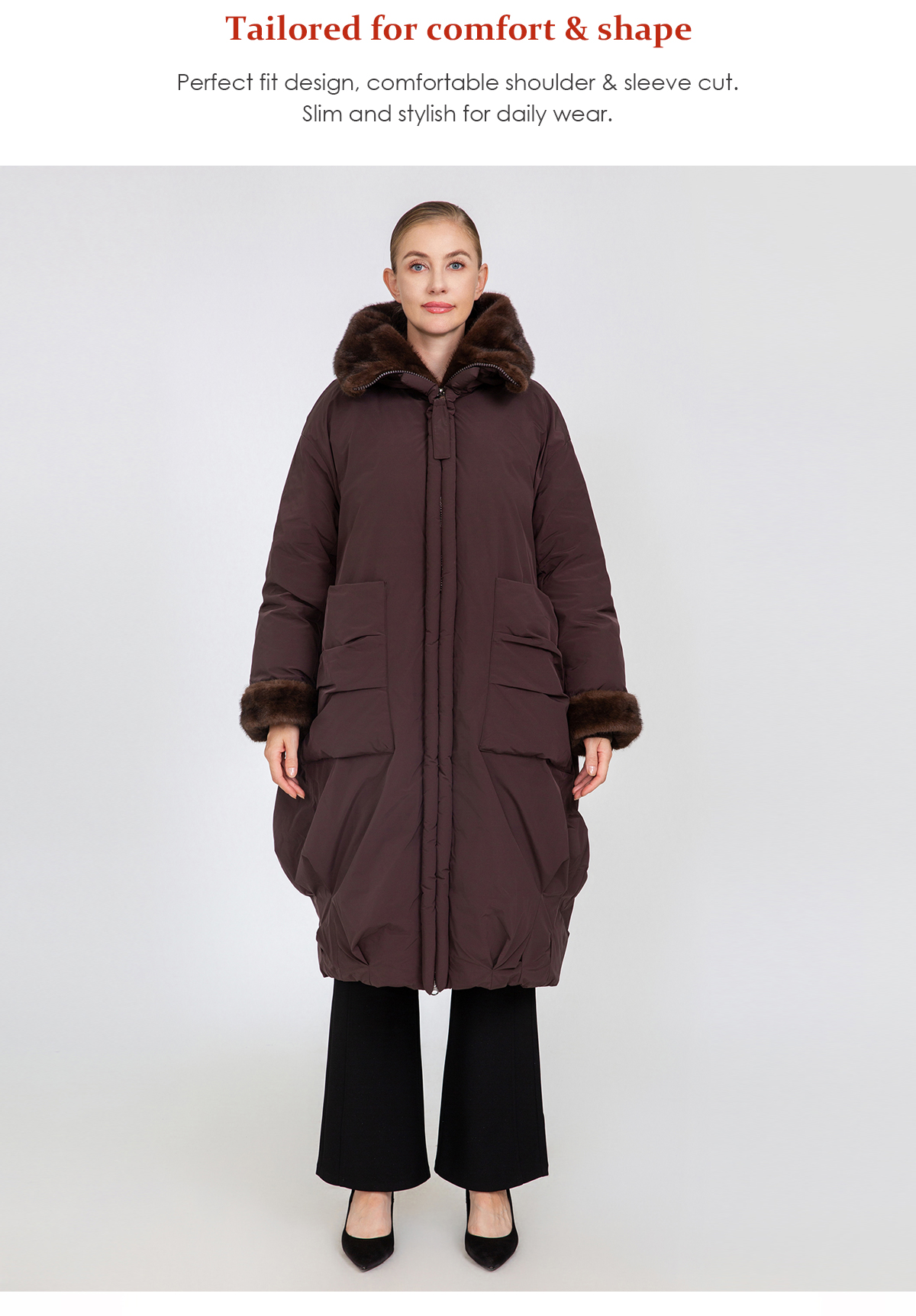 Women's Oversized Long Padded Coat with Faux Mink Fur Trim