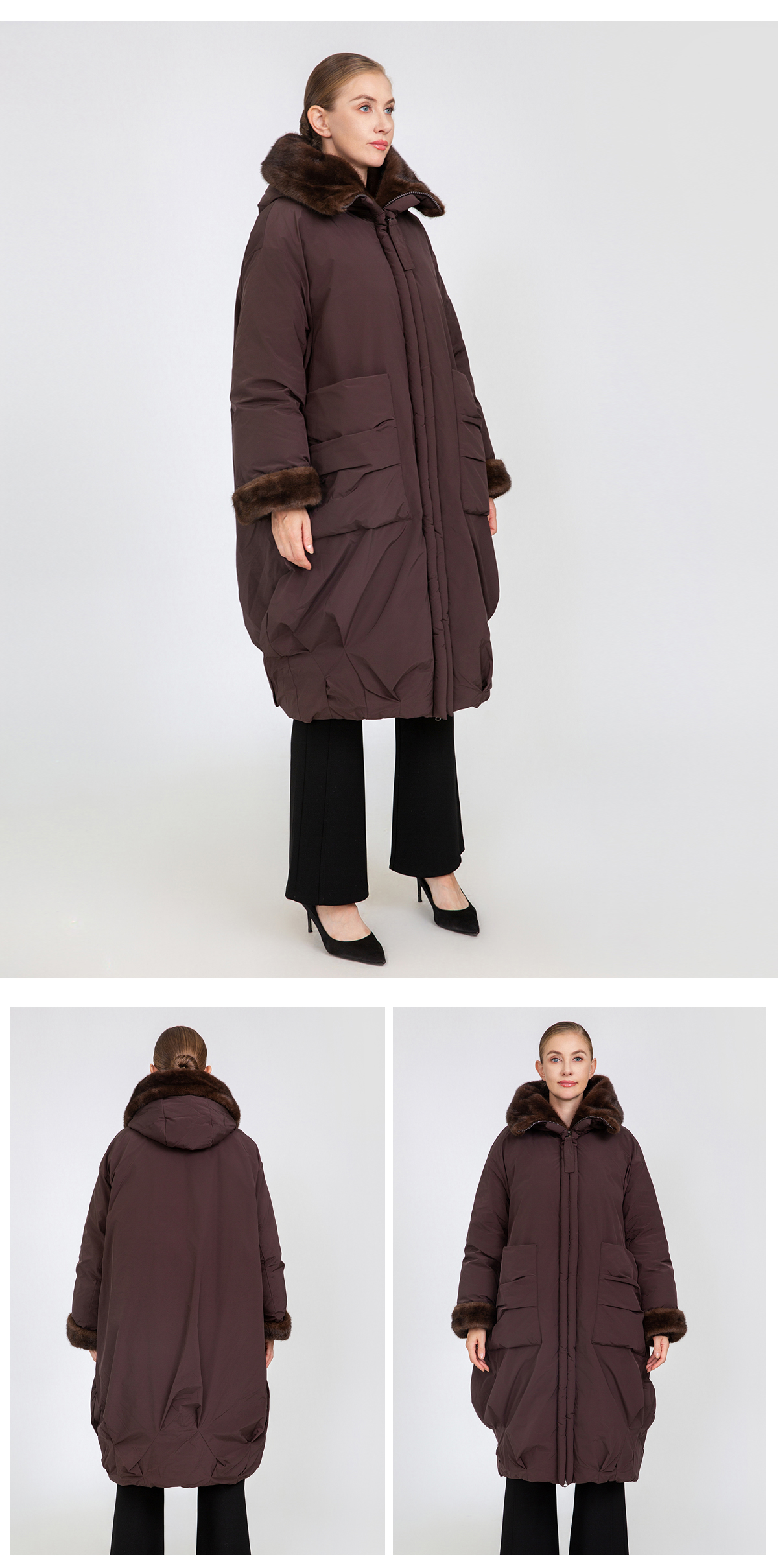 Women's Oversized Long Padded Coat with Faux Mink Fur Trim
