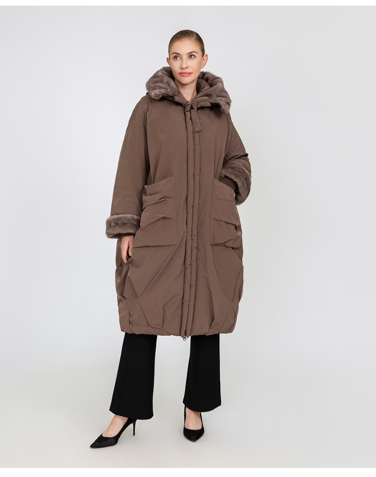 Women's Oversized Long Padded Coat with Faux Mink Fur Trim