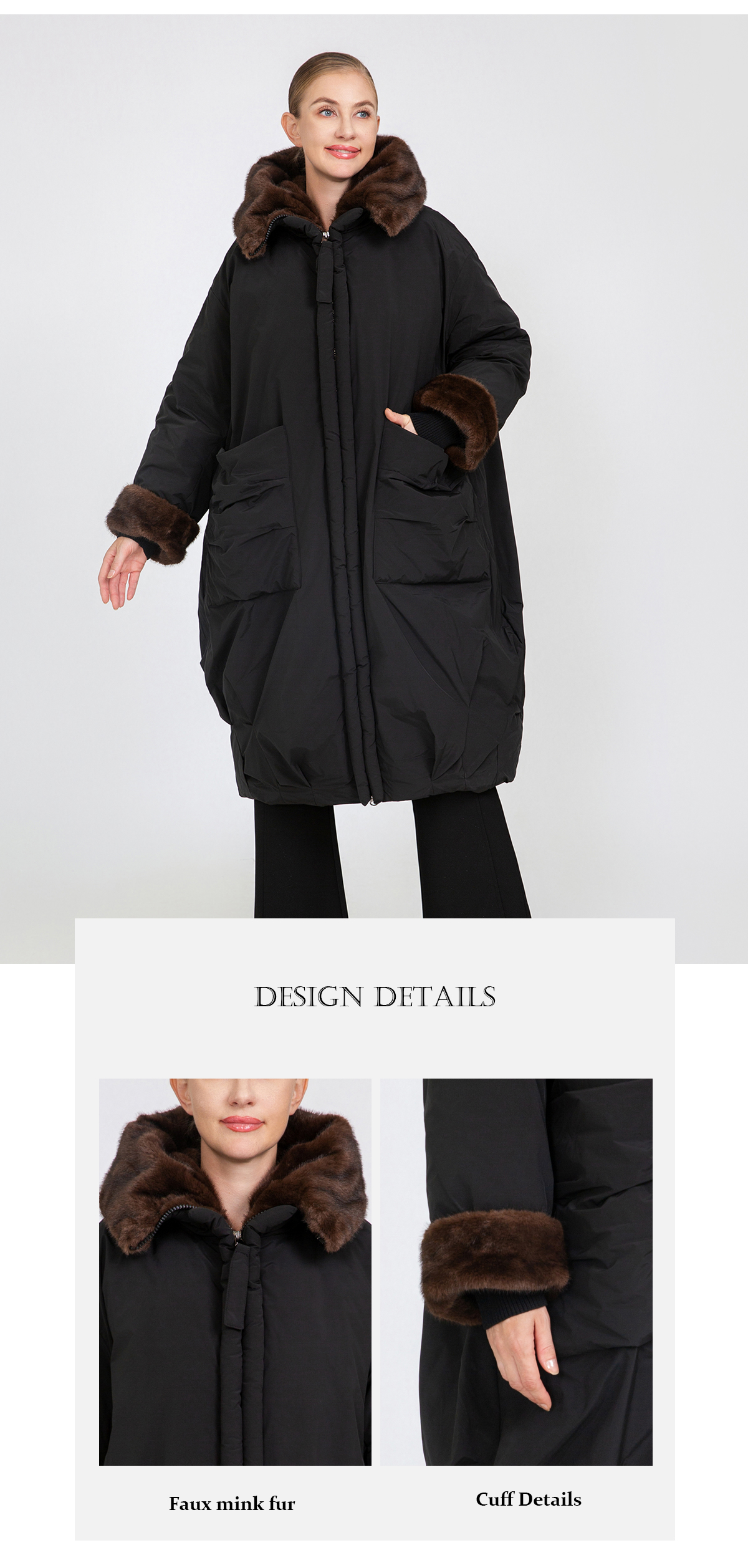 Women's Oversized Long Padded Coat with Faux Mink Fur Trim