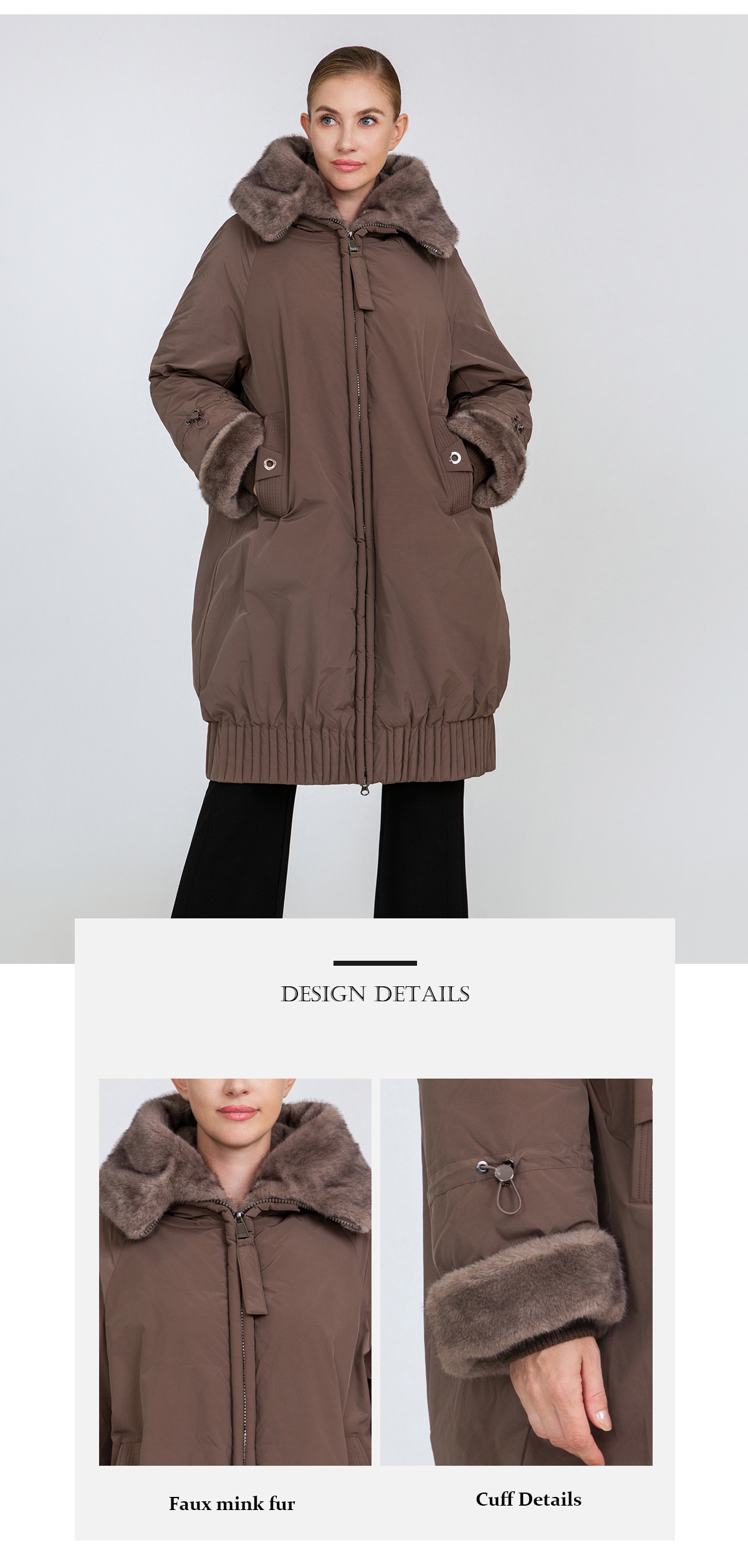Women's Oversized Mid-Length Padded Coat with Faux Mink Fur Collar