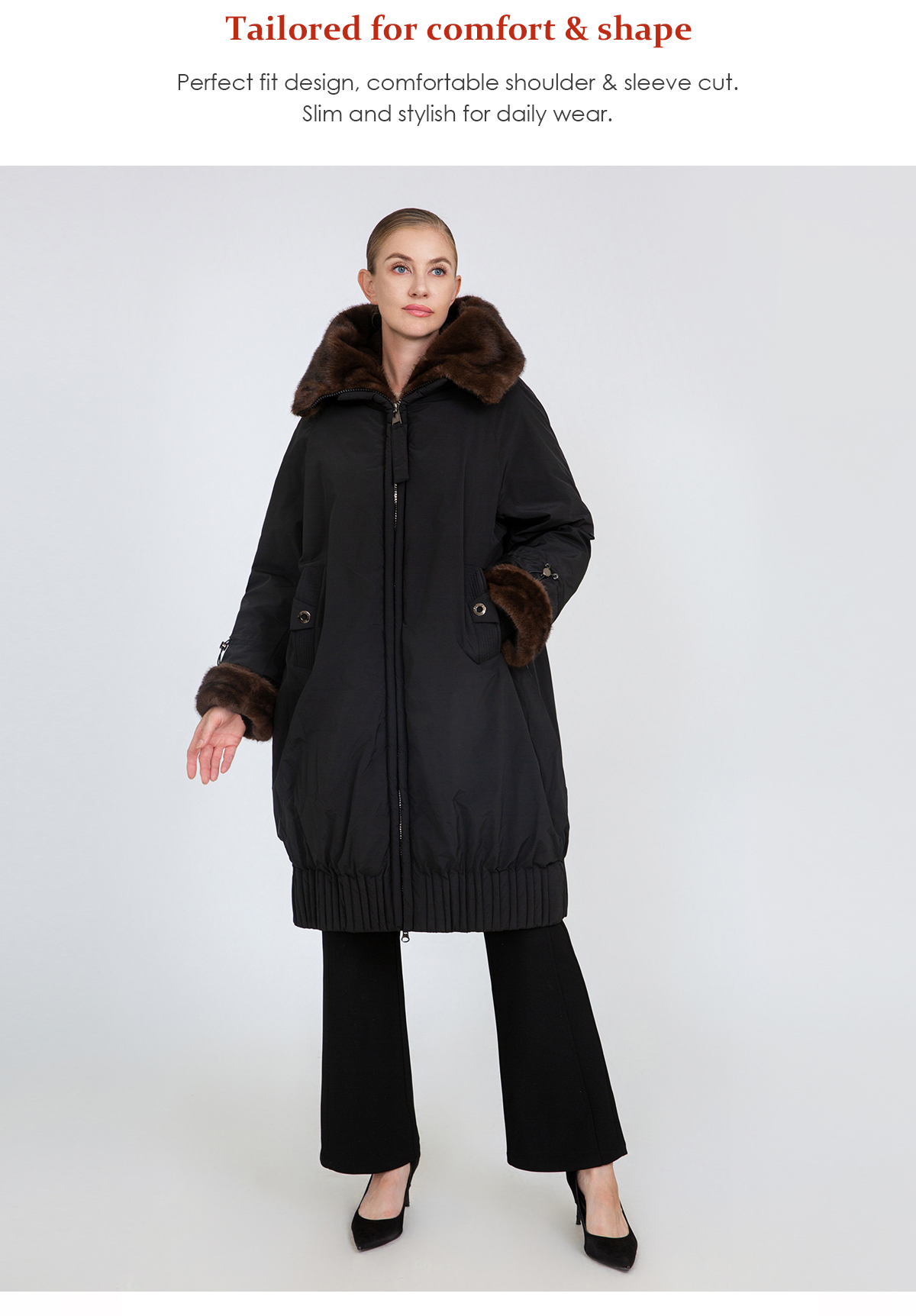 Women's Oversized Mid-Length Padded Coat with Faux Mink Fur Collar