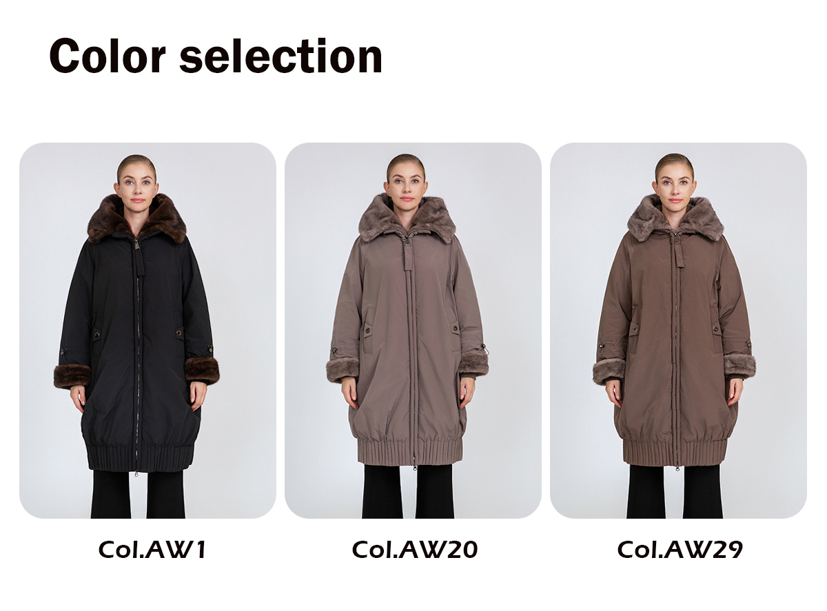 Women's Oversized Mid-Length Padded Coat with Faux Mink Fur Collar