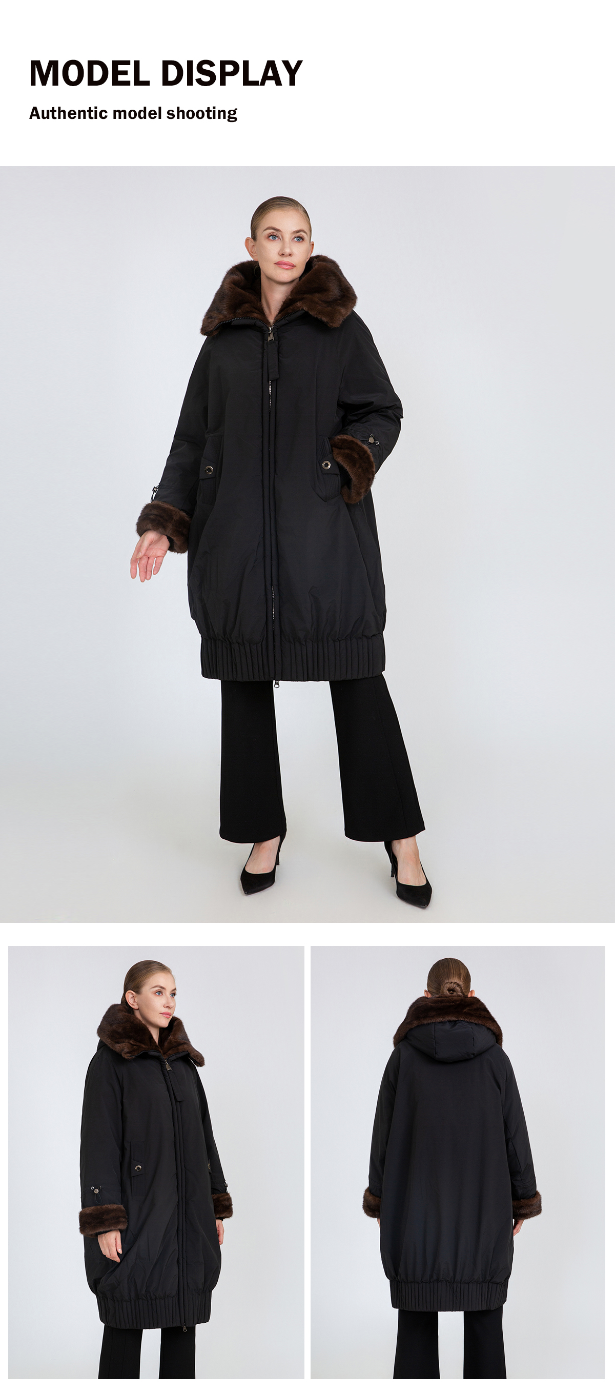Women's Oversized Mid-Length Padded Coat with Faux Mink Fur Collar