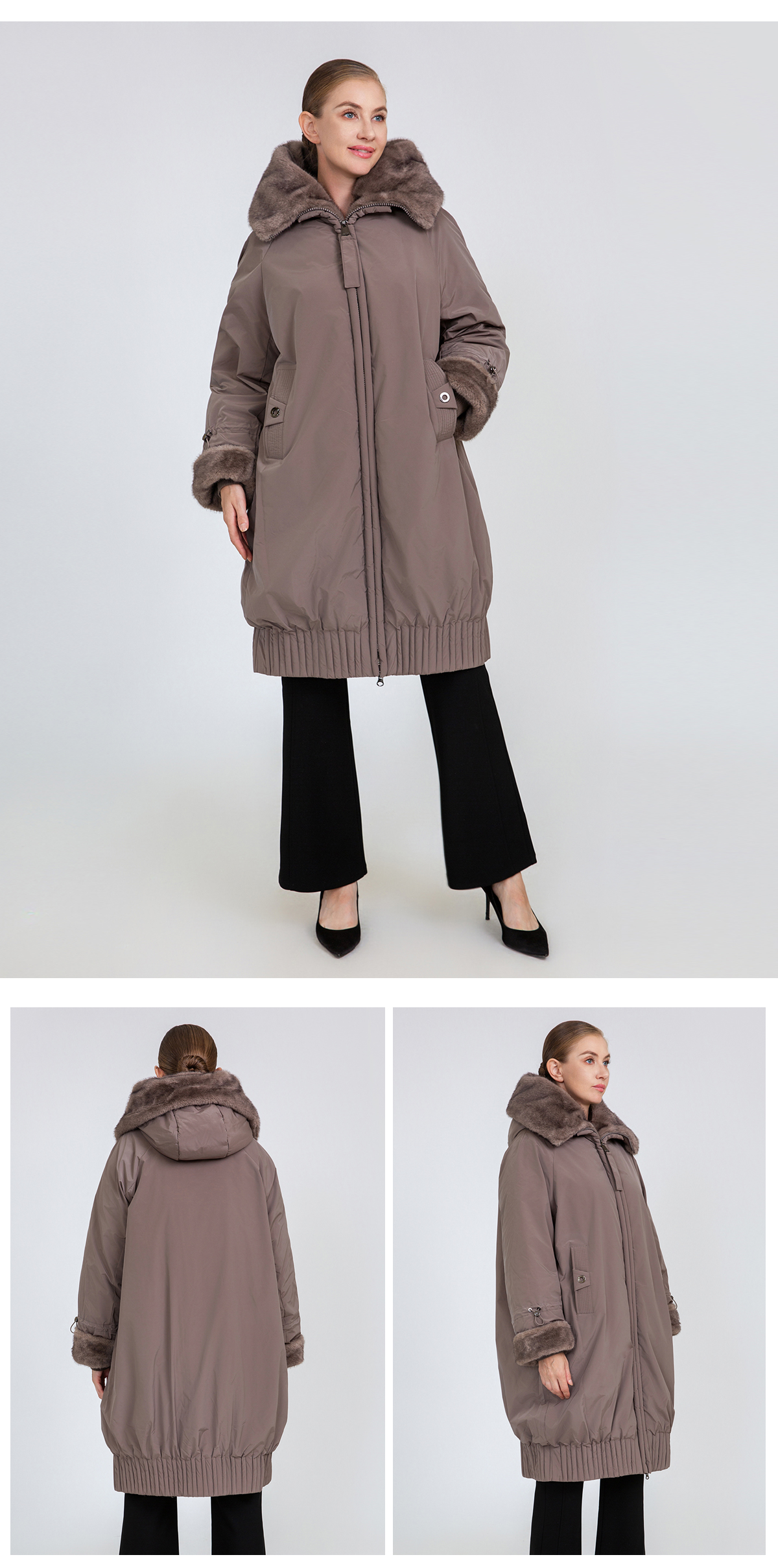 Women's Oversized Mid-Length Padded Coat with Faux Mink Fur Collar