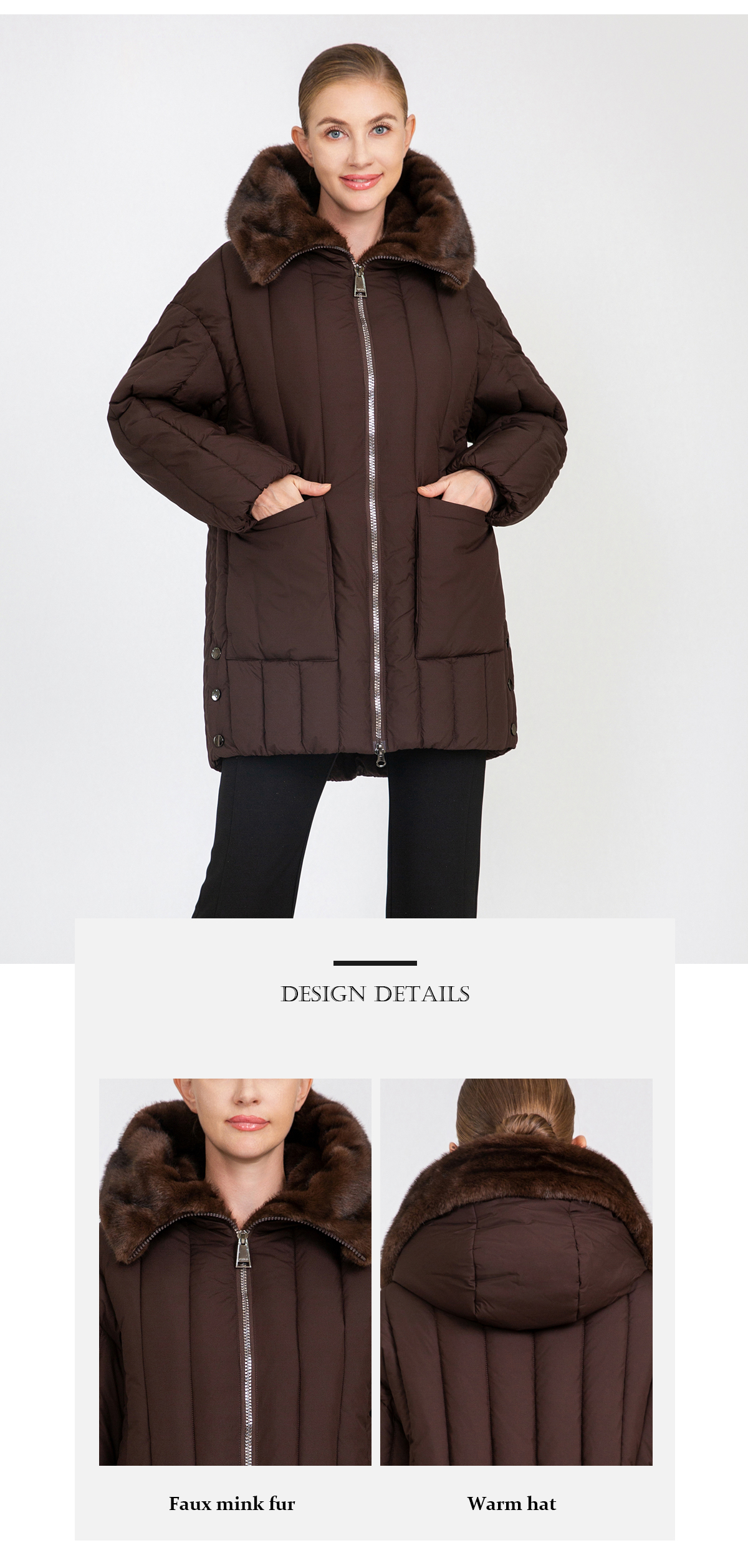 Women's Vertical-Quilted Mid-Length Padded Coat with Faux Mink Fur Collar