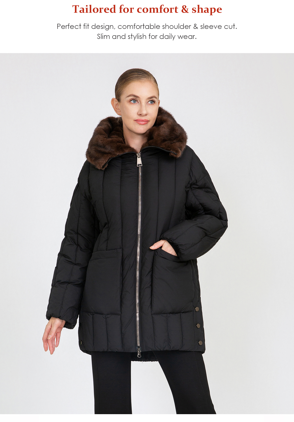 Women's Vertical-Quilted Mid-Length Padded Coat with Faux Mink Fur Collar