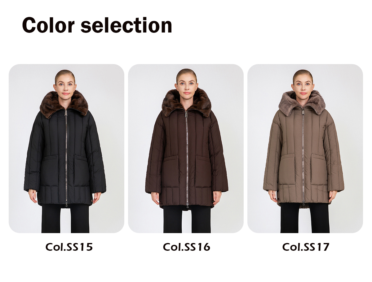 Women's Vertical-Quilted Mid-Length Padded Coat with Faux Mink Fur Collar