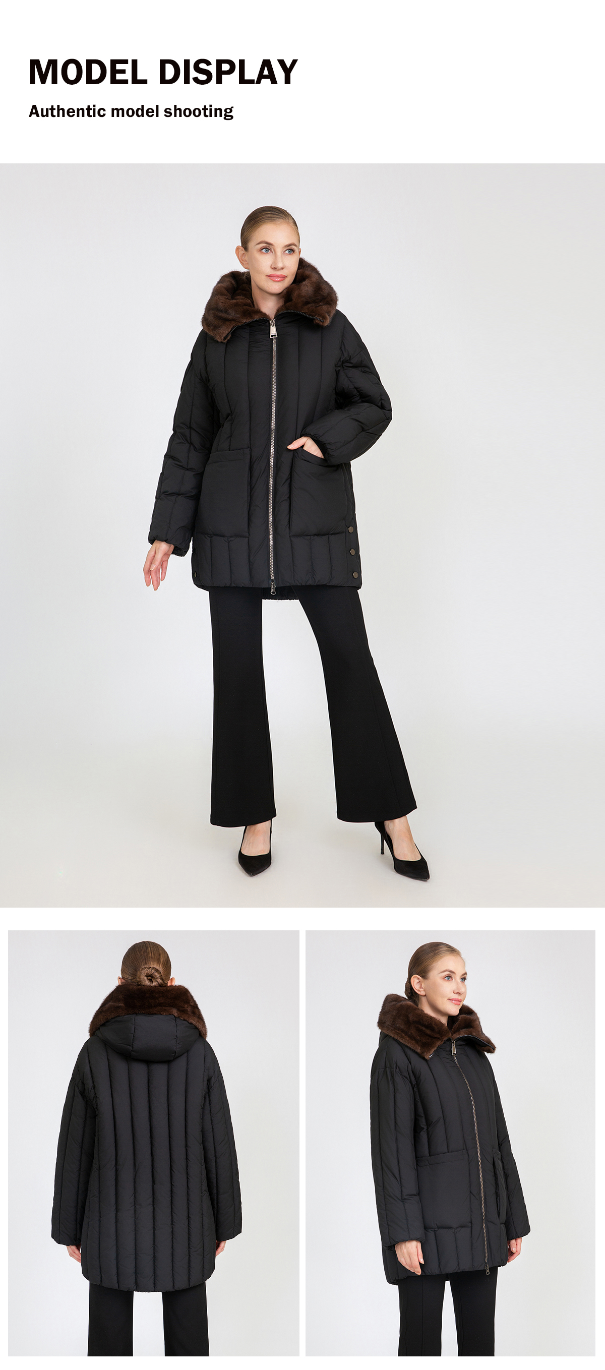 Women's Vertical-Quilted Mid-Length Padded Coat with Faux Mink Fur Collar