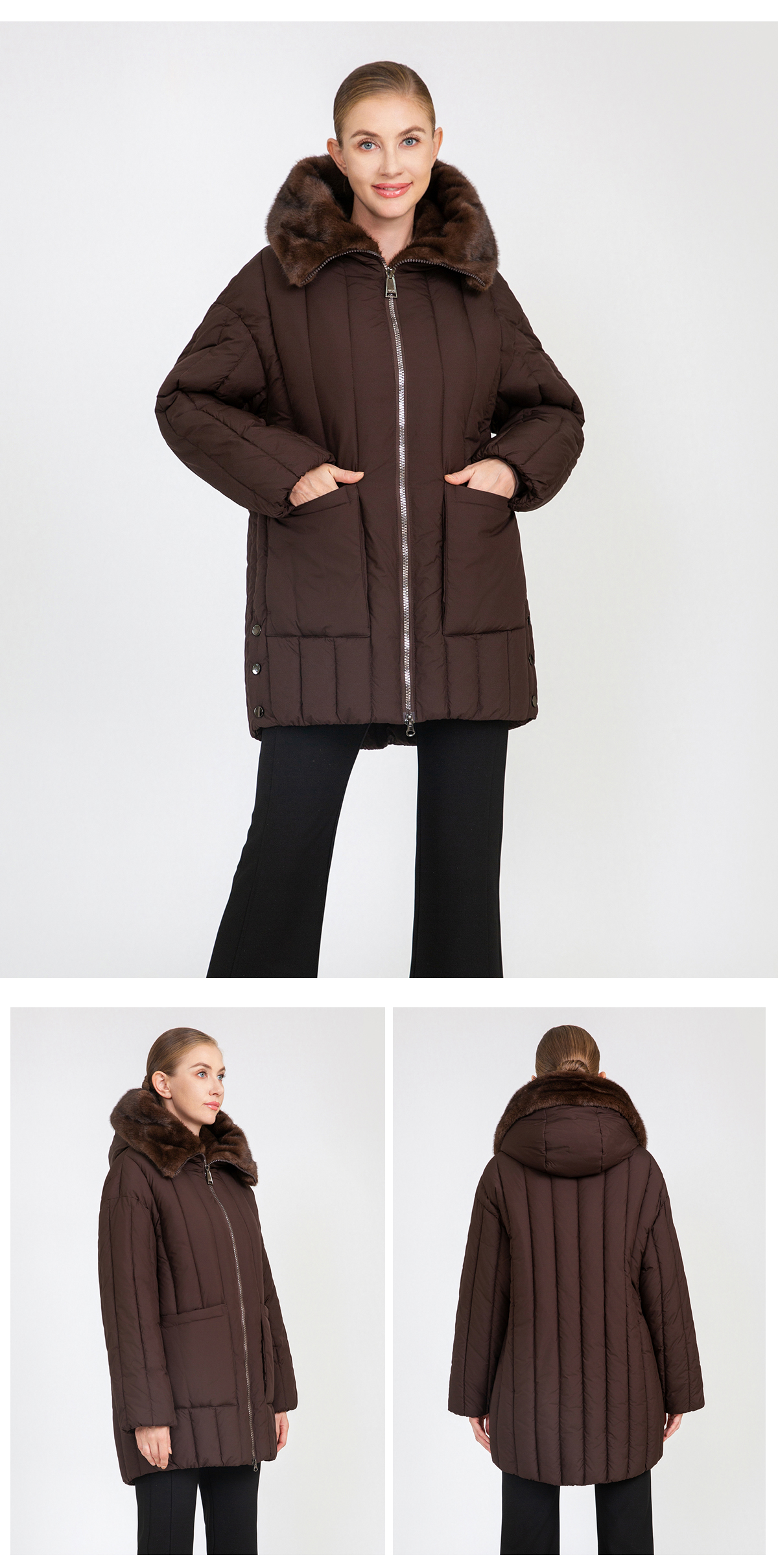 Women's Vertical-Quilted Mid-Length Padded Coat with Faux Mink Fur Collar