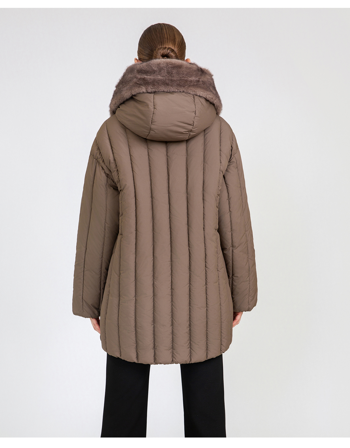Women's Vertical-Quilted Mid-Length Padded Coat with Faux Mink Fur Collar