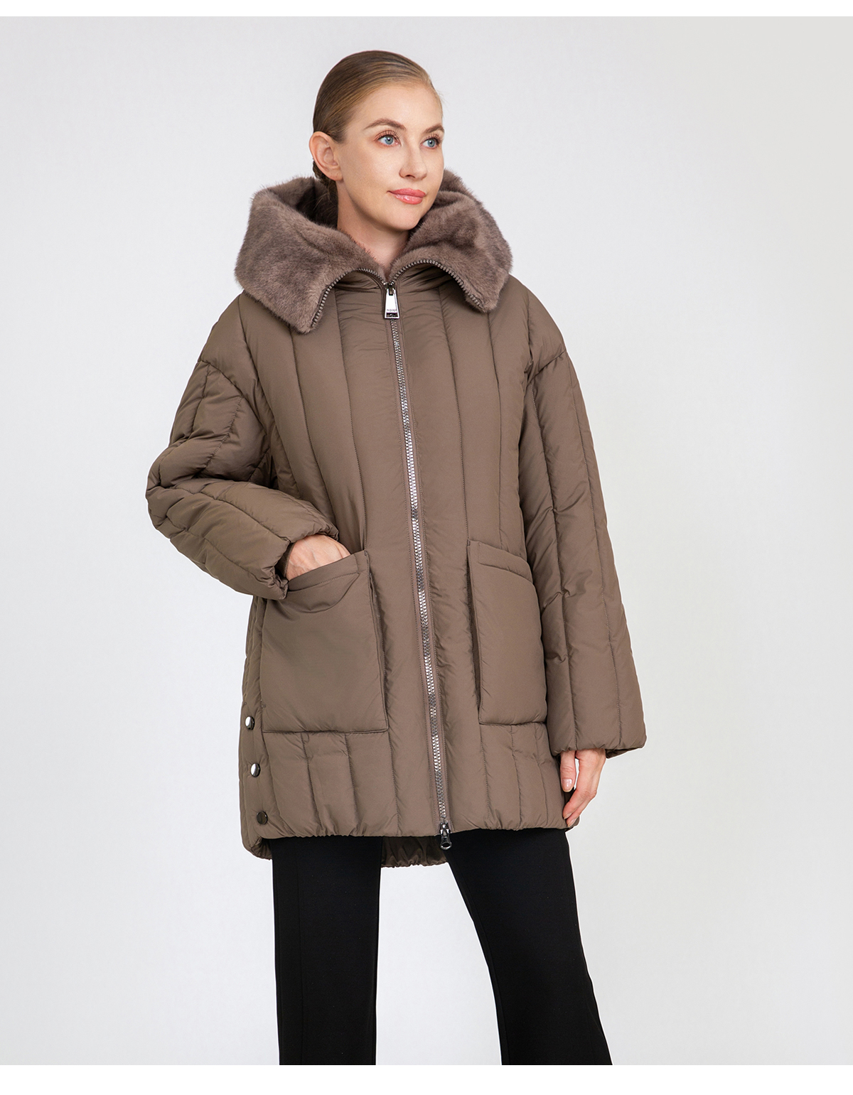 Women's Vertical-Quilted Mid-Length Padded Coat with Faux Mink Fur Collar