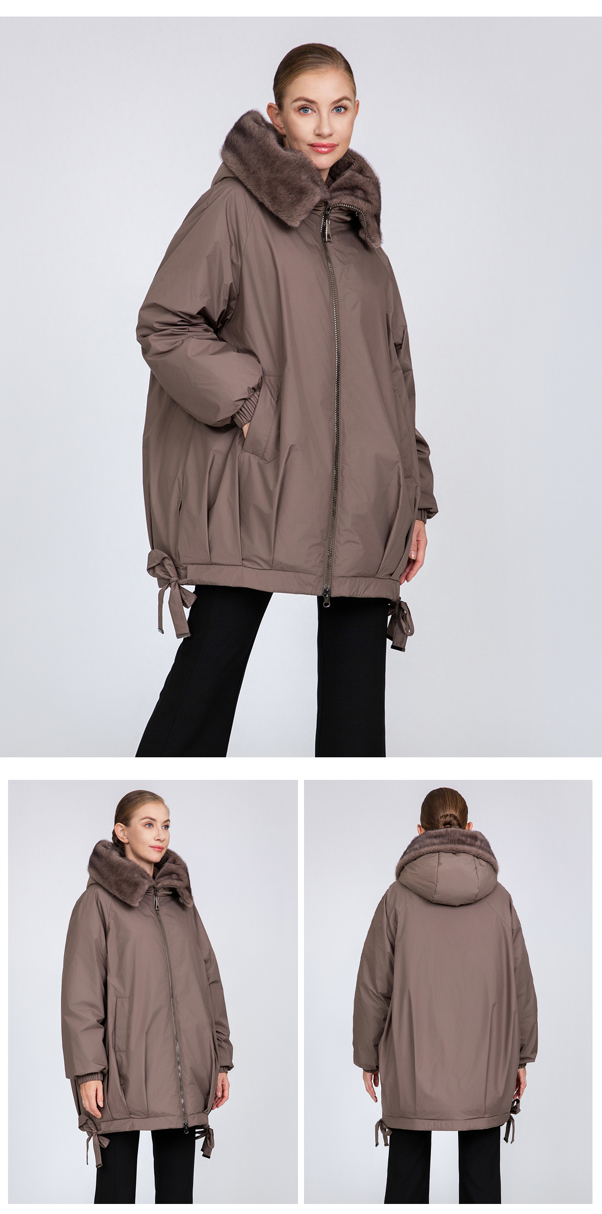 Women's Oversized Cocoon Padded Jacket with Faux Mink Fur Collar