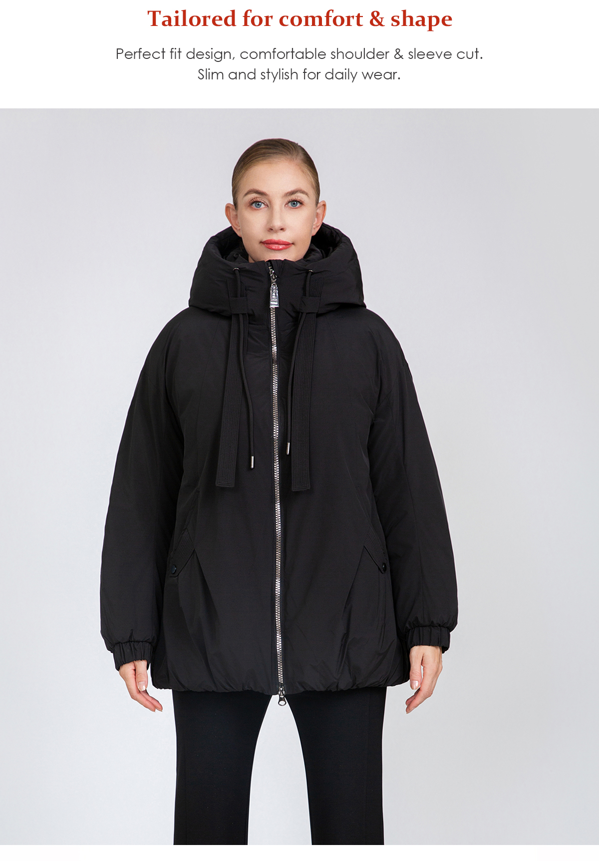 Women's A-Line Mid-Length Padded Jacket with Hood Drawstrings
