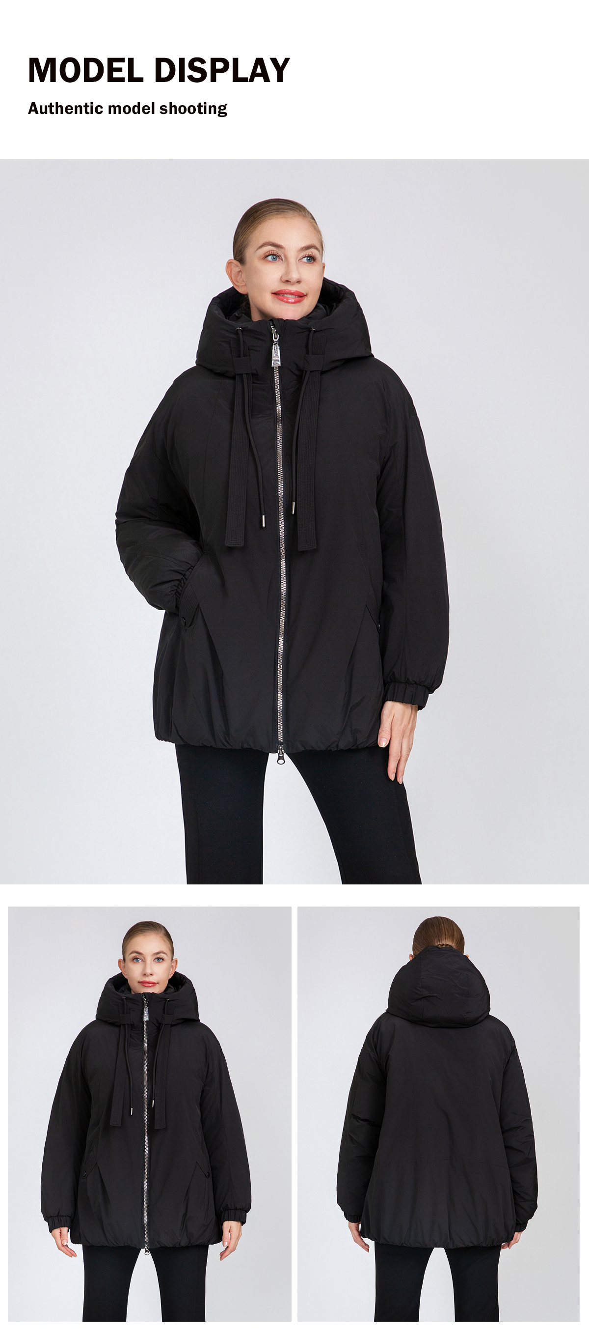Women's A-Line Mid-Length Padded Jacket with Hood Drawstrings