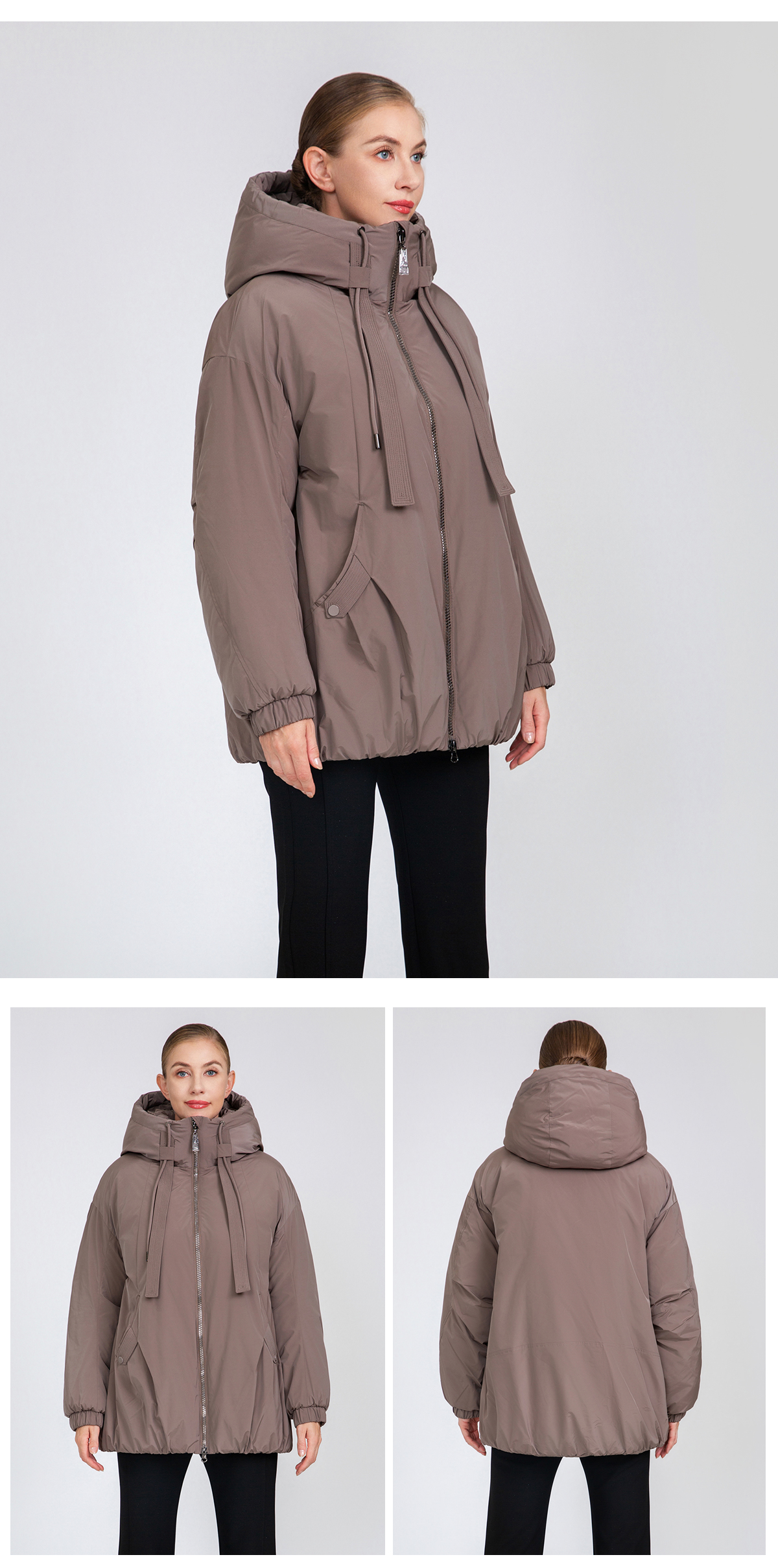 Women's A-Line Mid-Length Padded Jacket with Hood Drawstrings