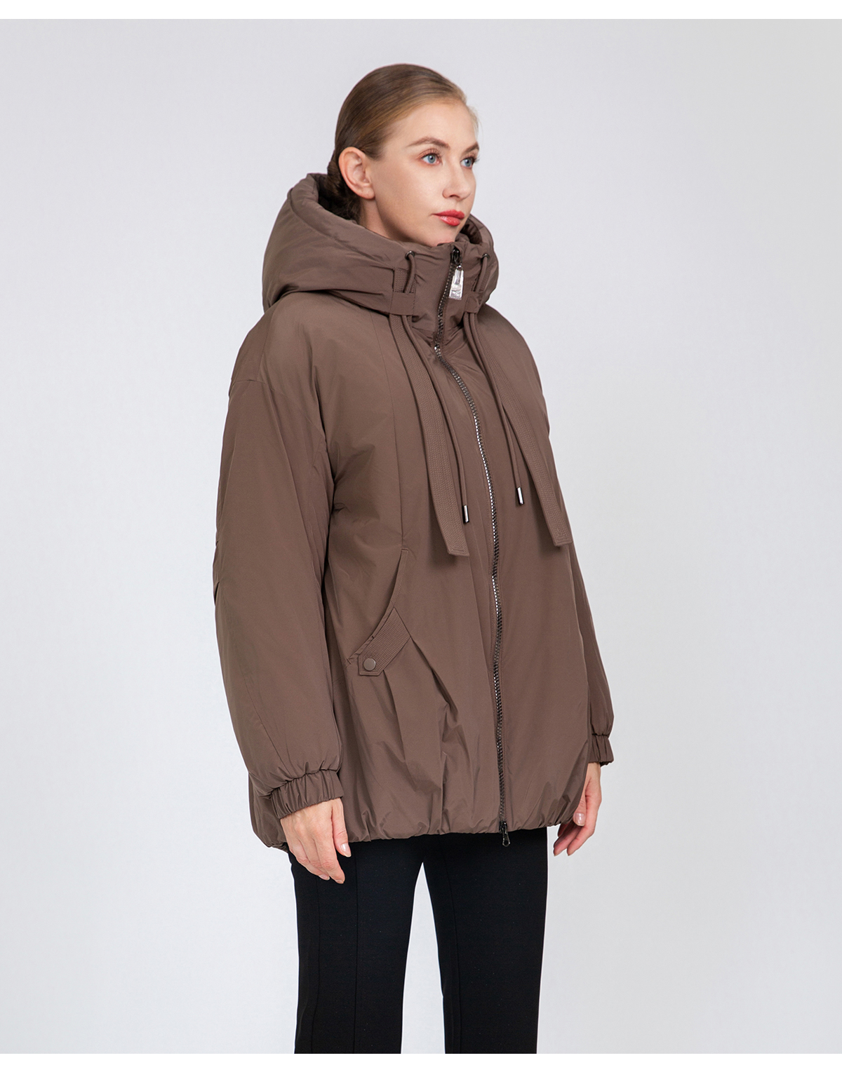 Women's A-Line Mid-Length Padded Jacket with Hood Drawstrings