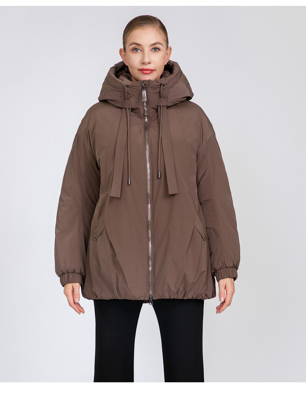 Women's A-Line Mid-Length Padded Jacket with Hood Drawstrings