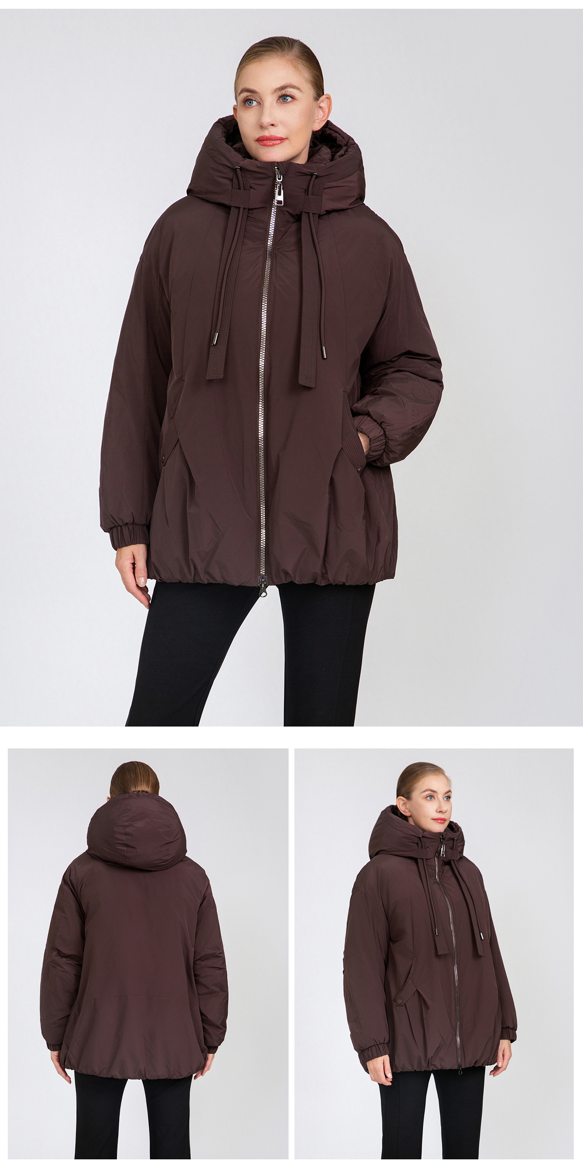 Women's A-Line Mid-Length Padded Jacket with Hood Drawstrings