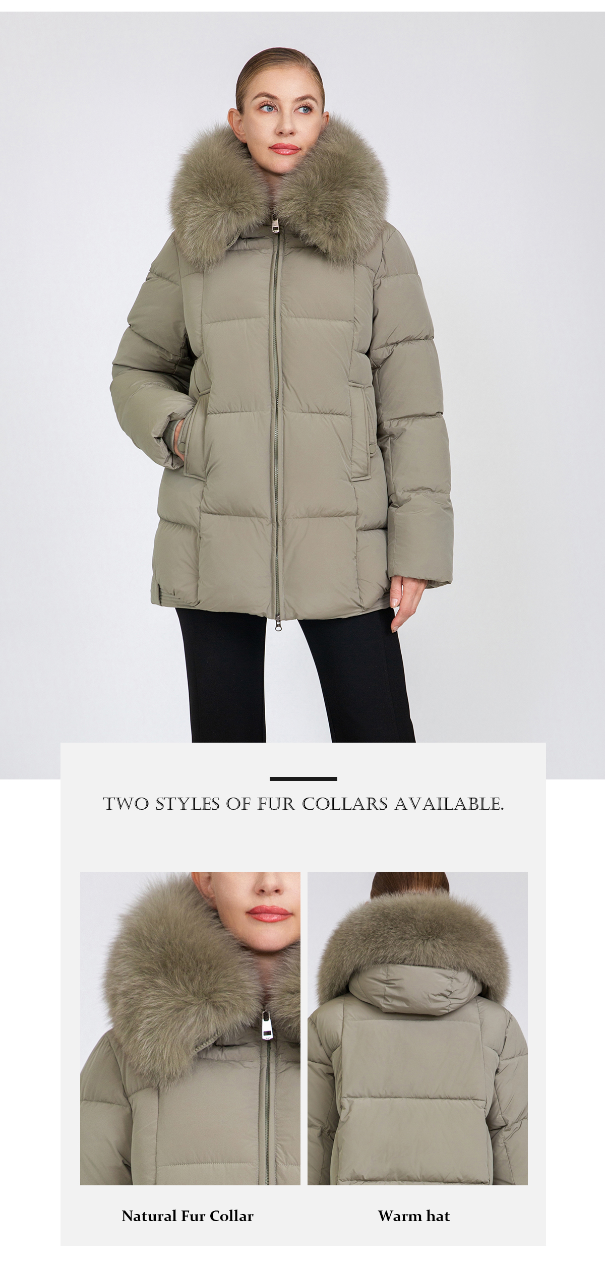 Women's Mid-Length Padded Coat with Removable Fox Fur Collar