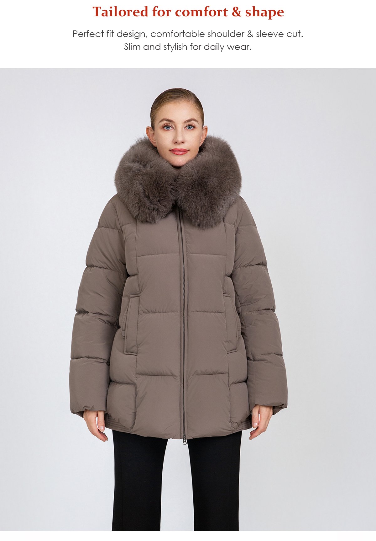 Women's Mid-Length Padded Coat with Removable Fox Fur Collar