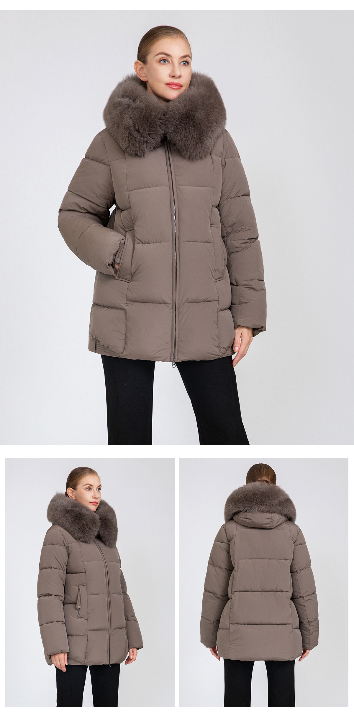 Women's Mid-Length Padded Coat with Removable Fox Fur Collar