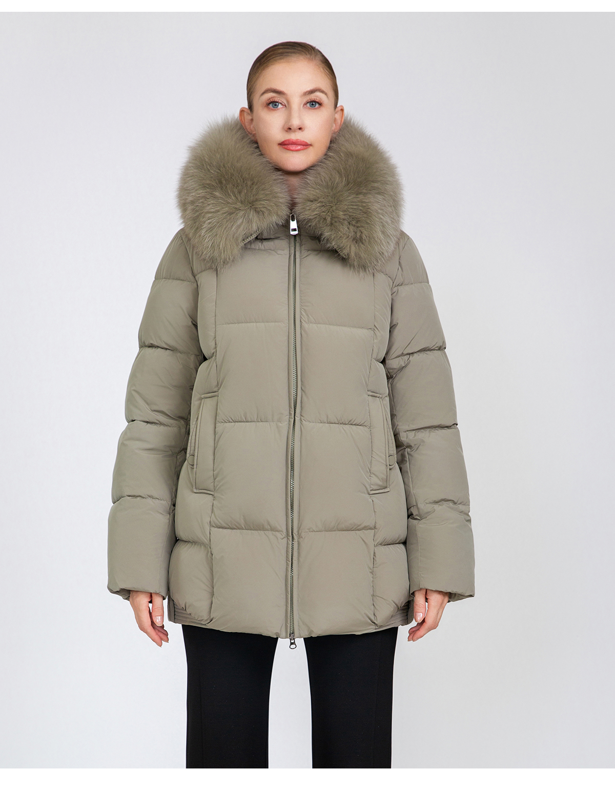 Women's Mid-Length Padded Coat with Removable Fox Fur Collar