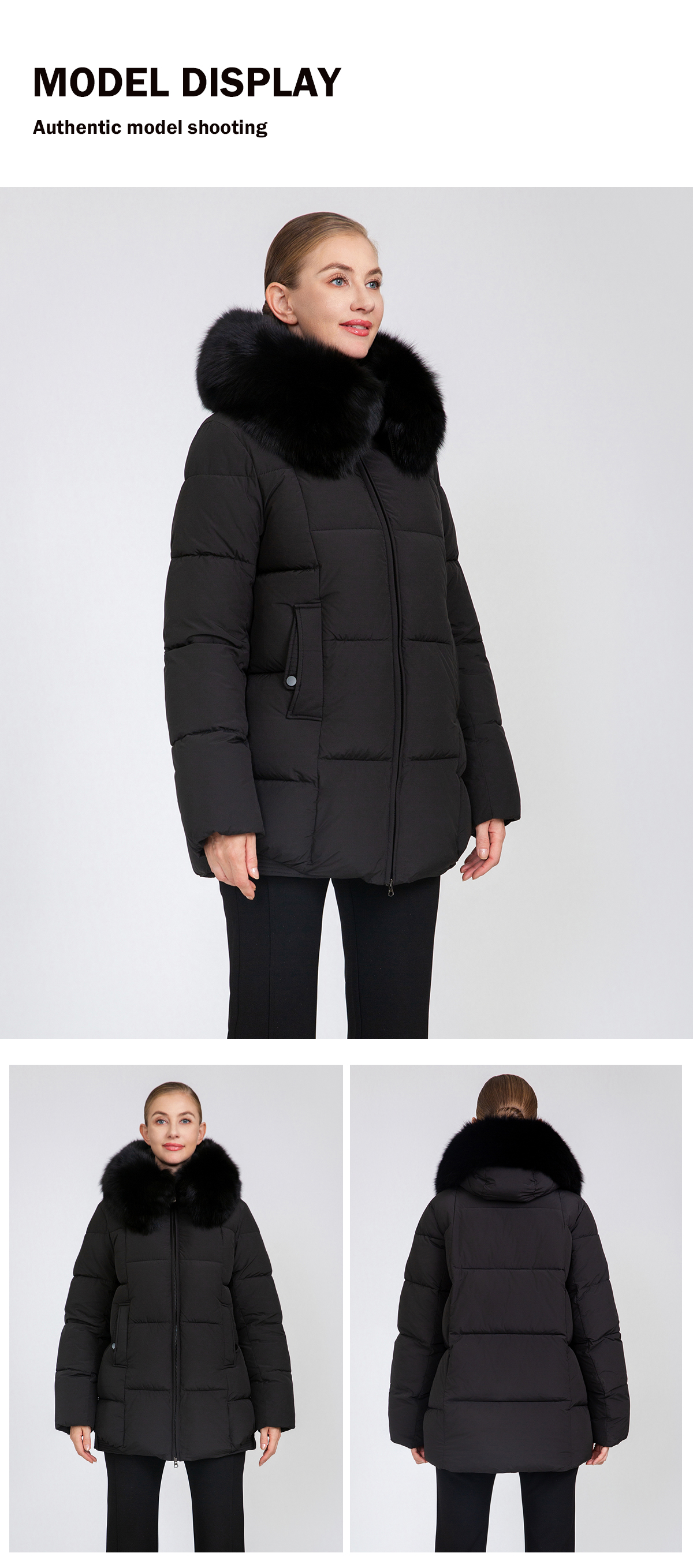 Women's Mid-Length Padded Coat with Removable Fox Fur Collar