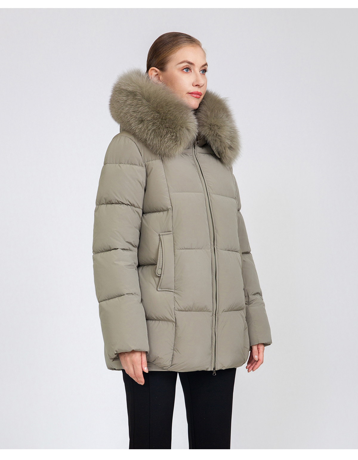Women's Mid-Length Padded Coat with Removable Fox Fur Collar