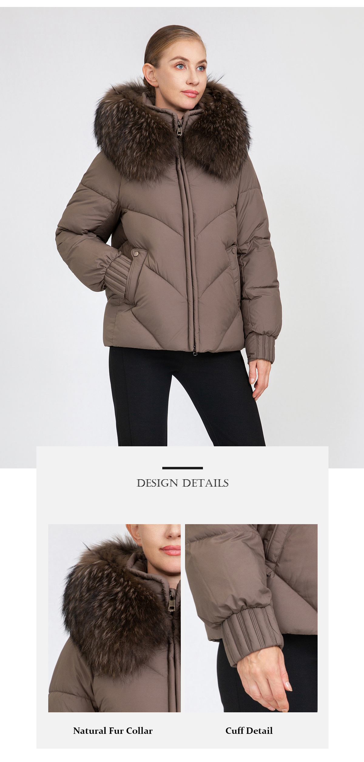 Women's Chevron-Quilted Short Padded Jacket with Removable Fur Collar
