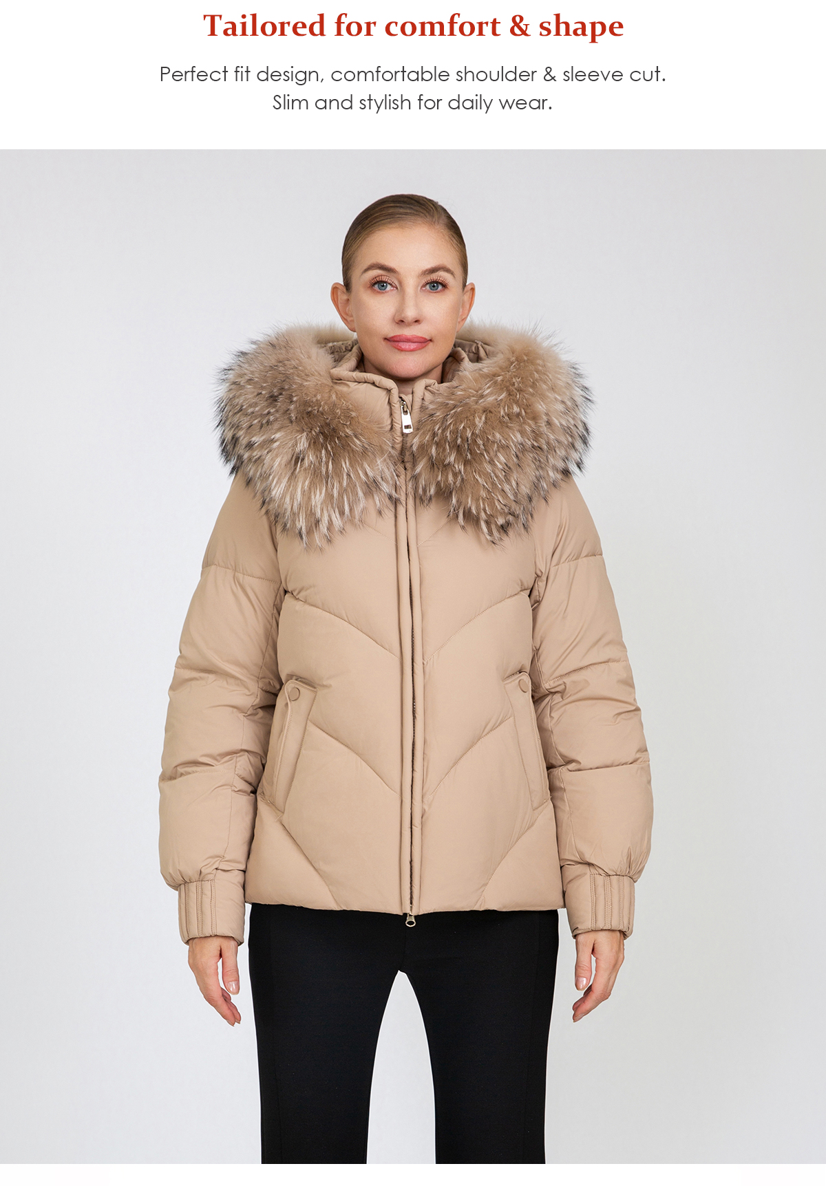 Women's Chevron-Quilted Short Padded Jacket with Removable Fur Collar
