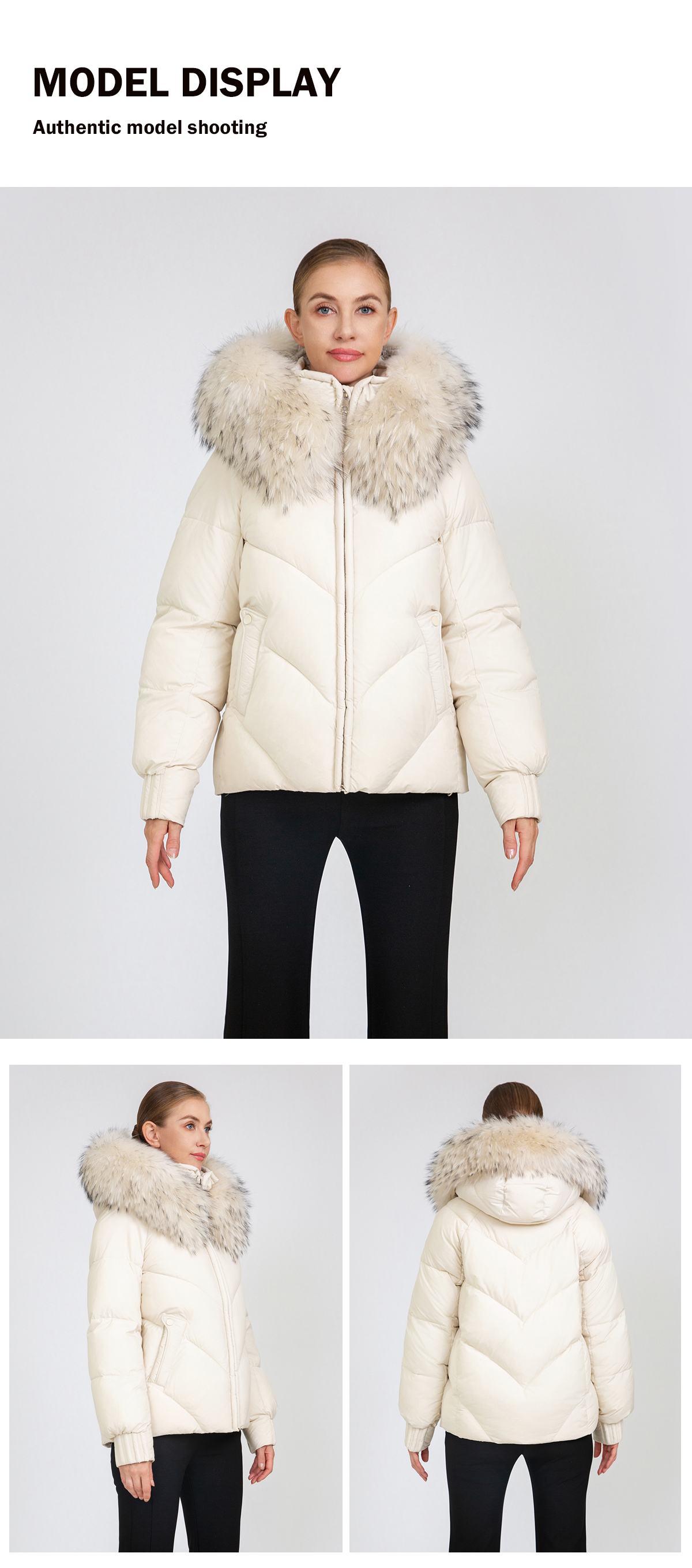 Women's Chevron-Quilted Short Padded Jacket with Removable Fur Collar